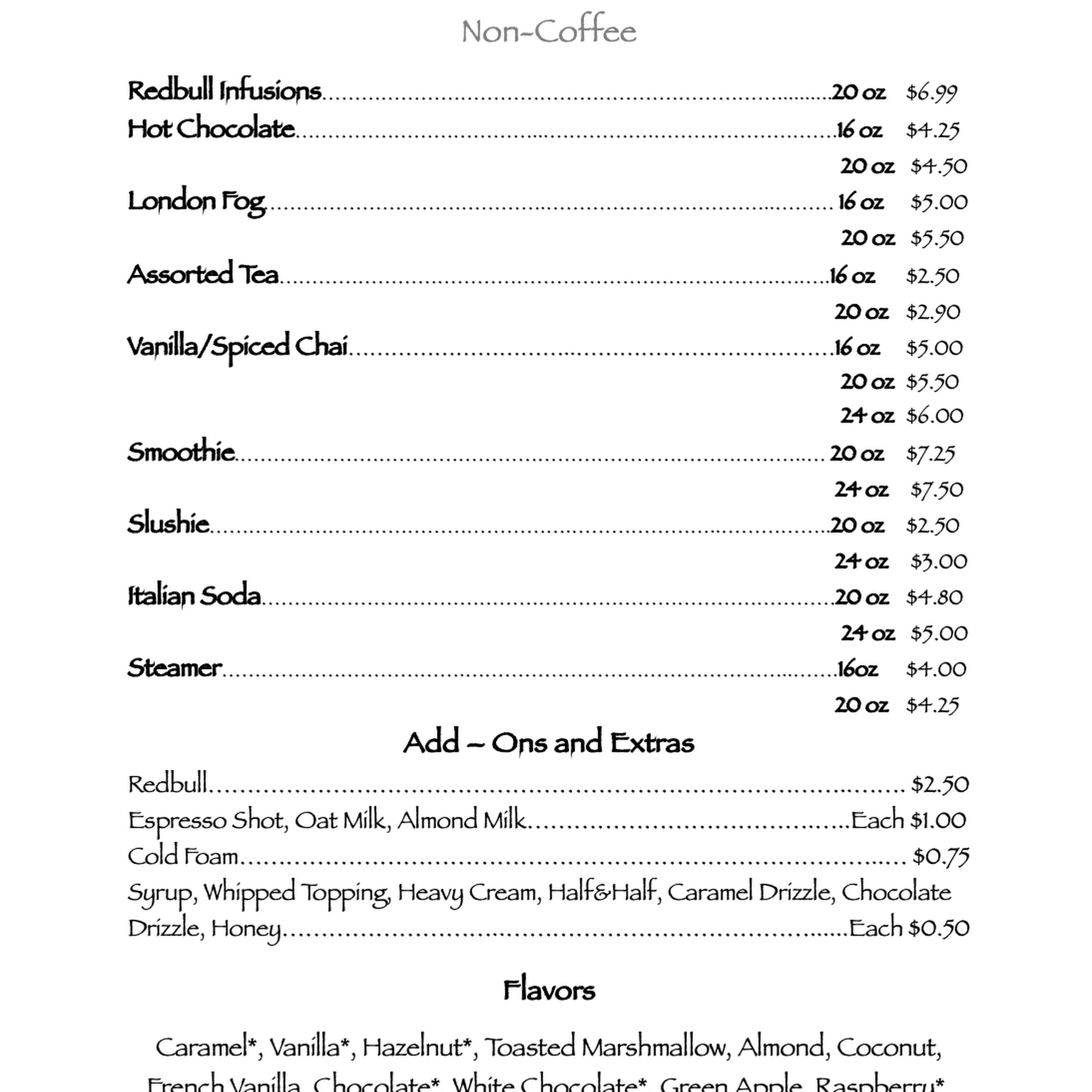 Cole Mine Coffee Menu