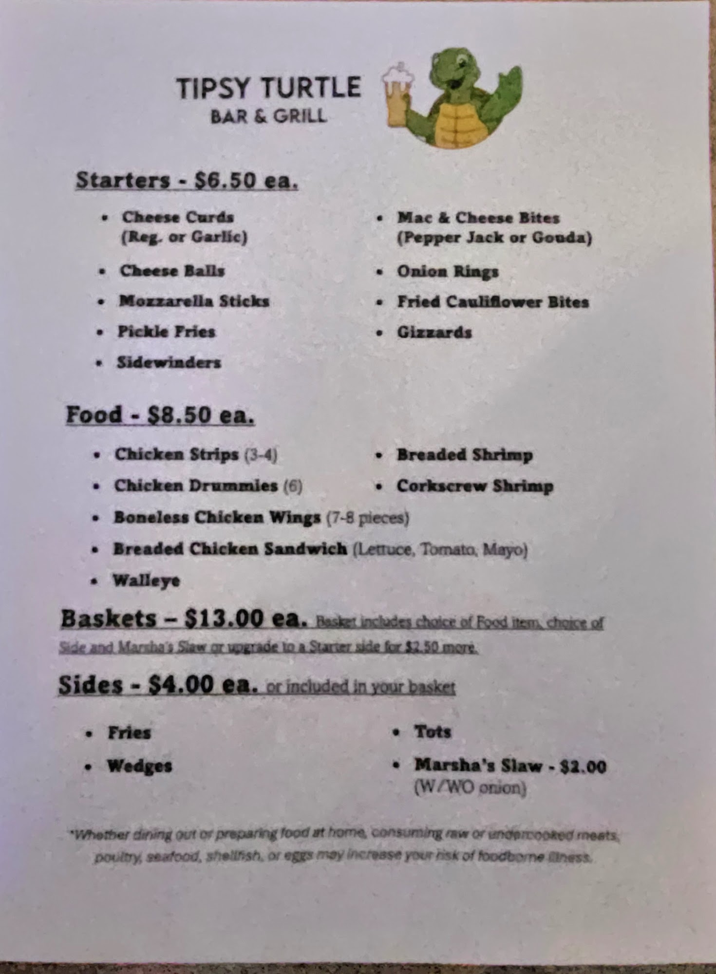 Tipsy Turtle Bar and Grill Menu