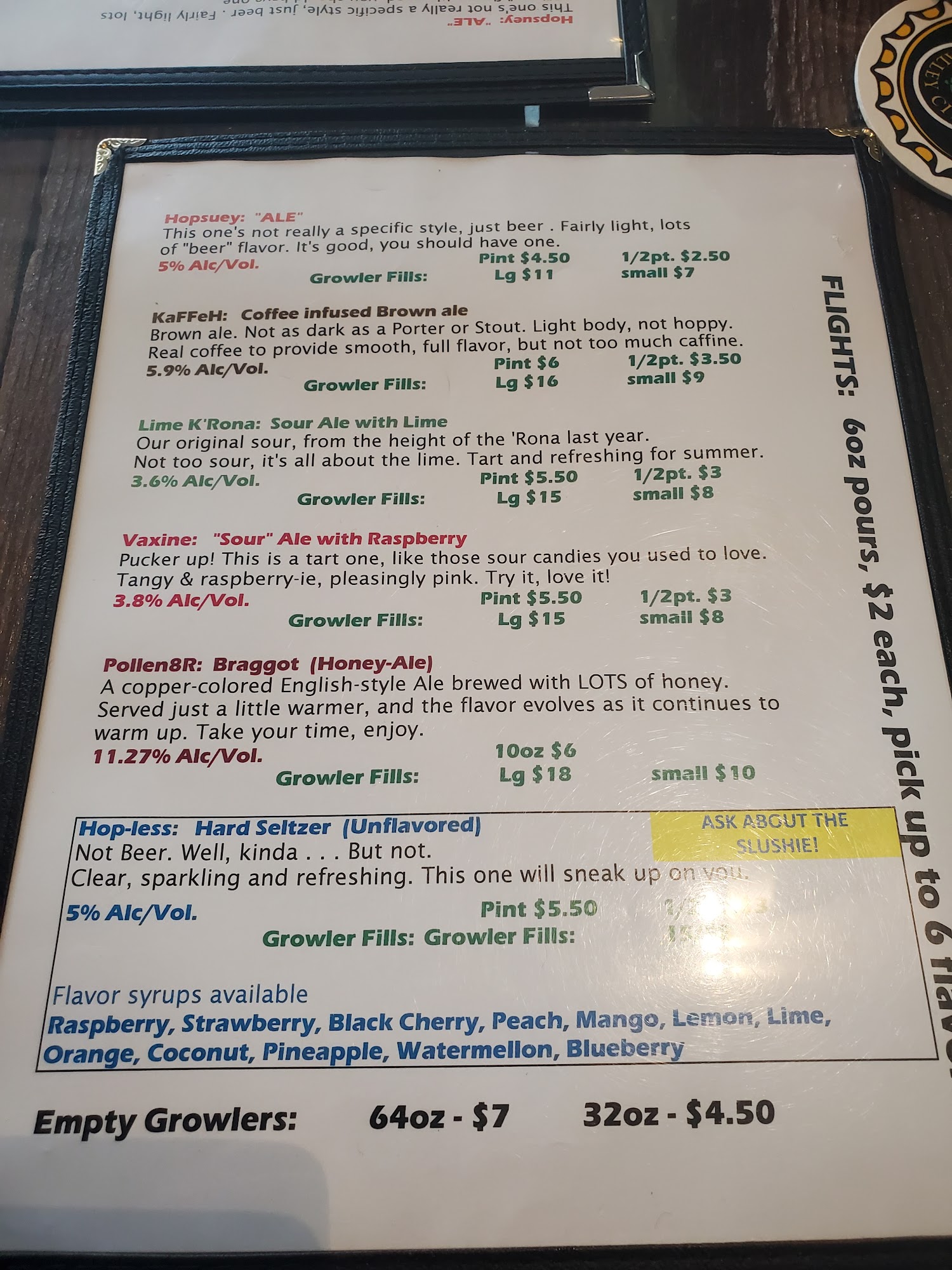 Brockopp Brewing Menu