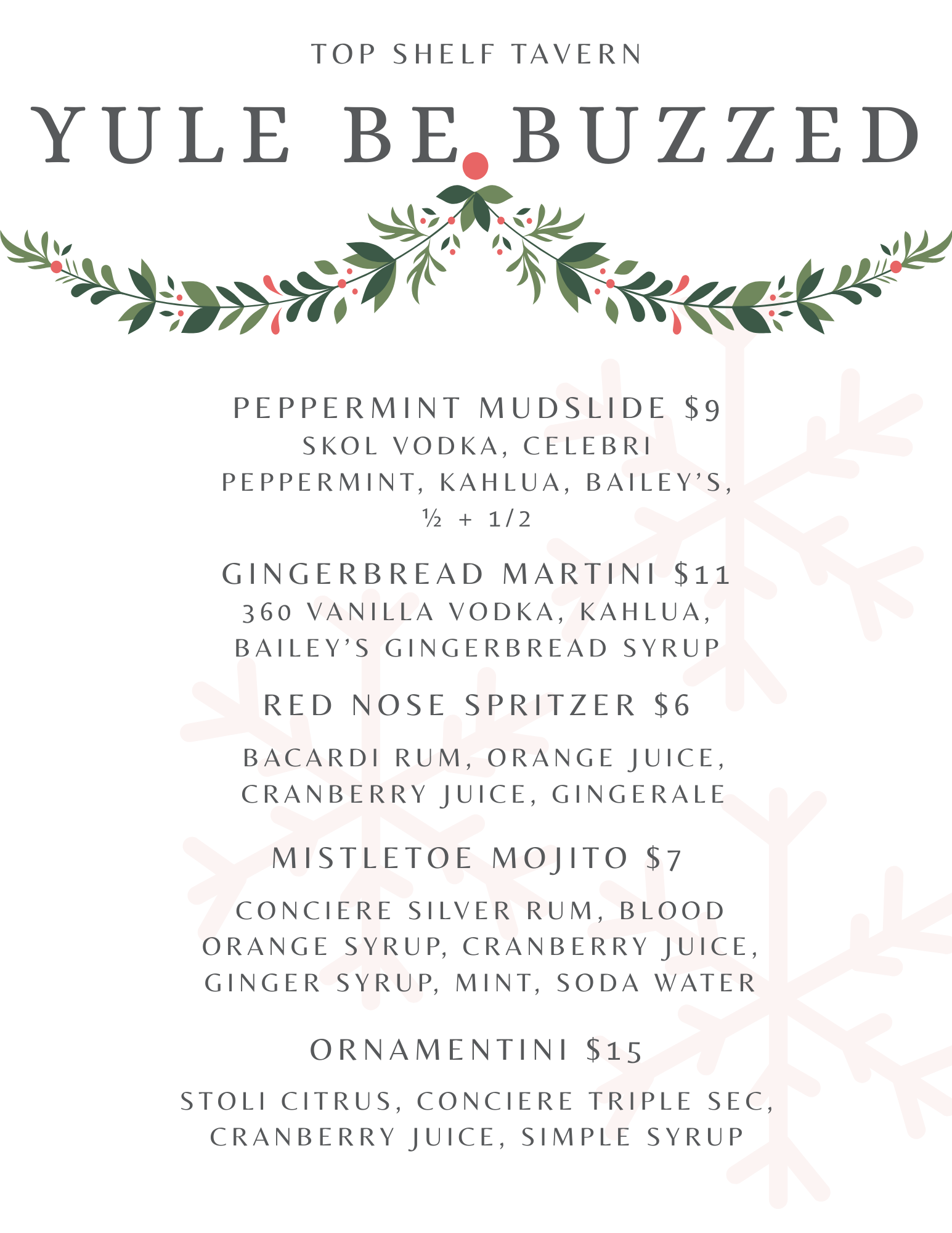 Top Shelf Tavern Menu