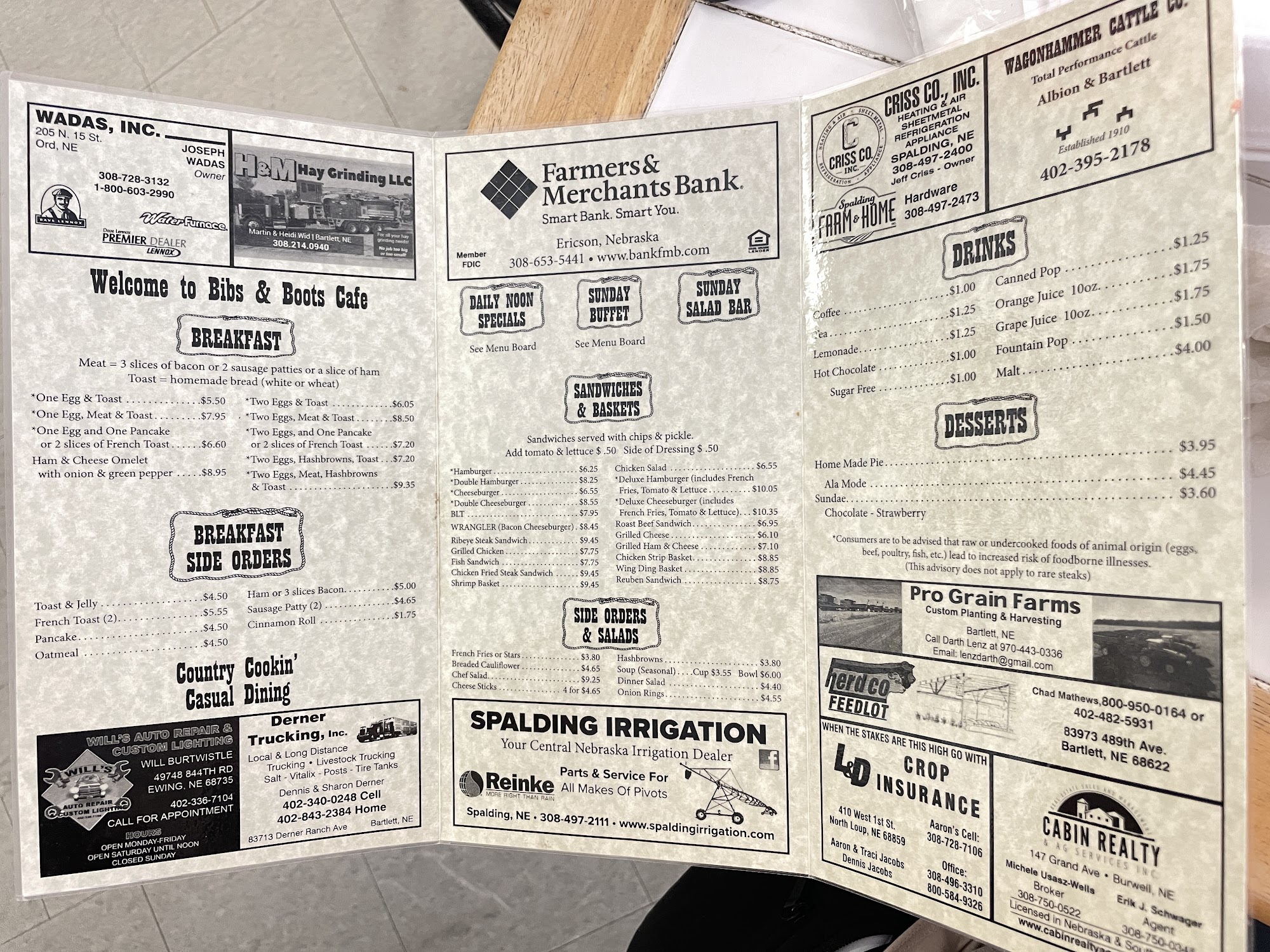 Bibs & Boots Yum Menu