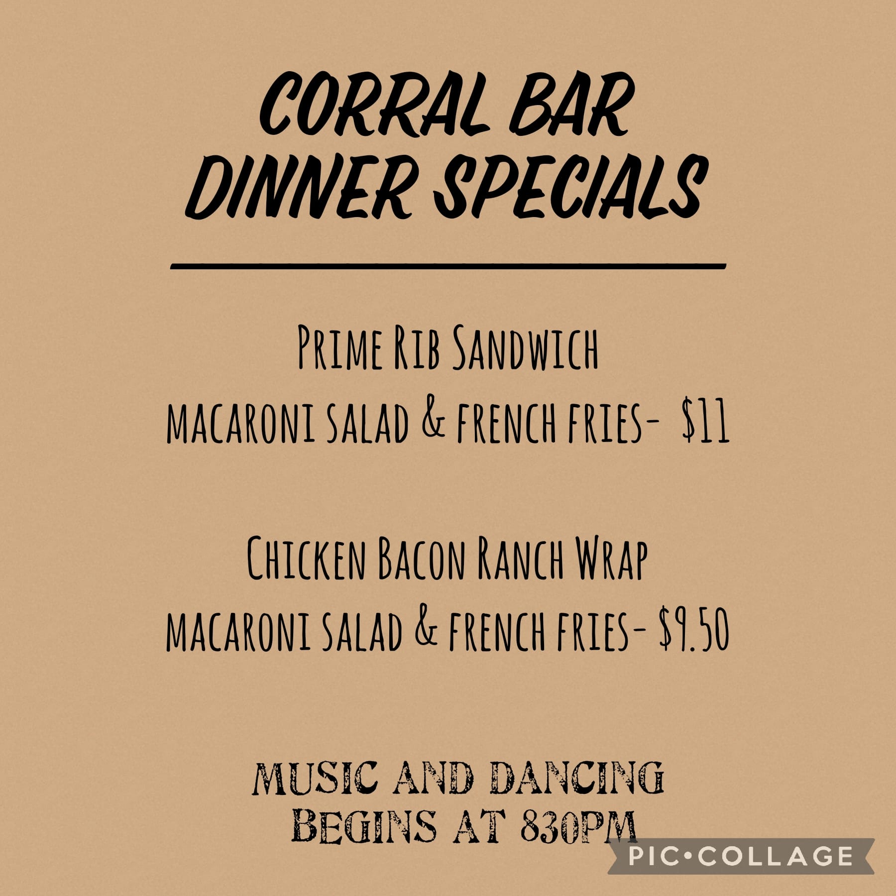 Corral Bar Menu