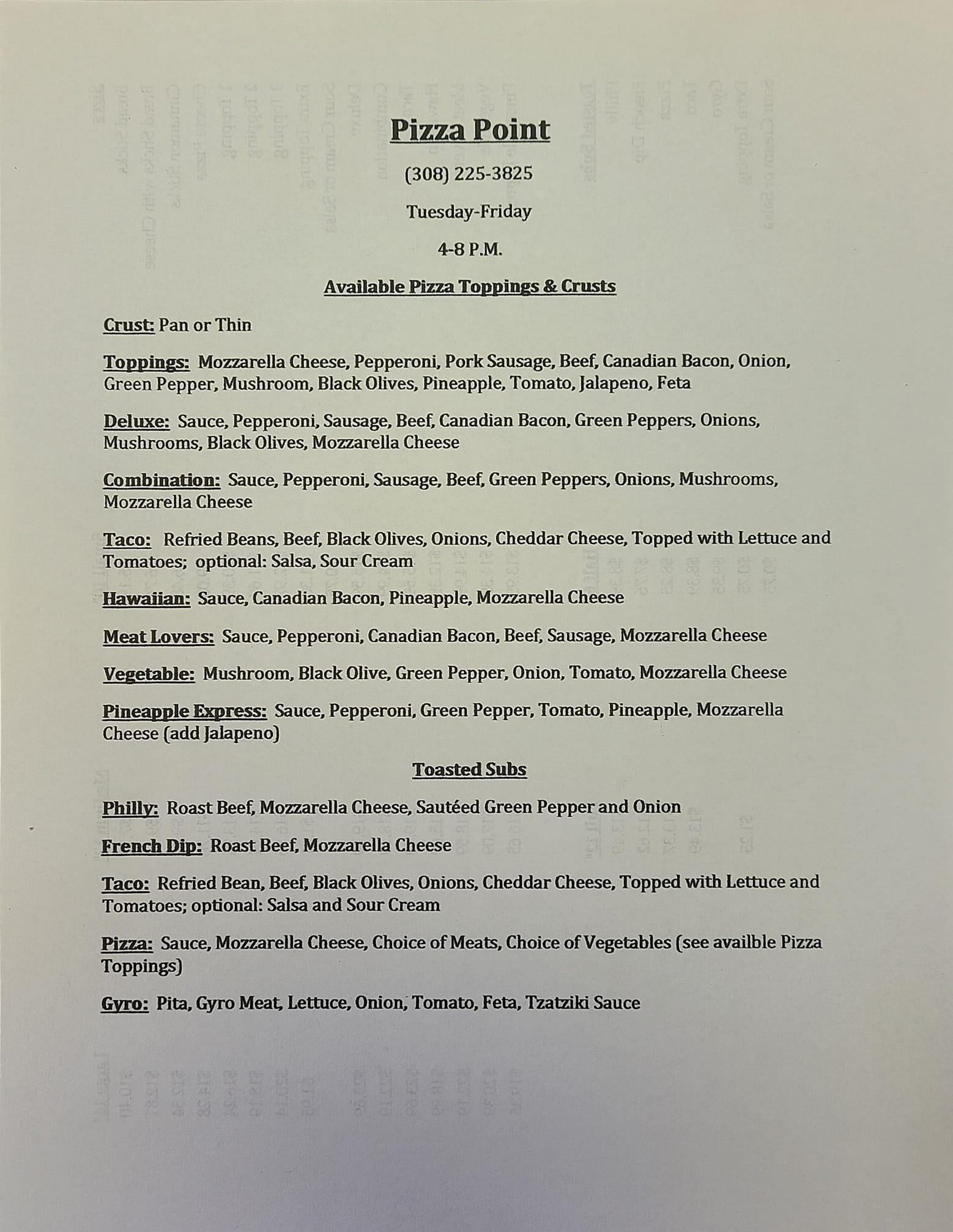 Pizza Point Concessions Menu