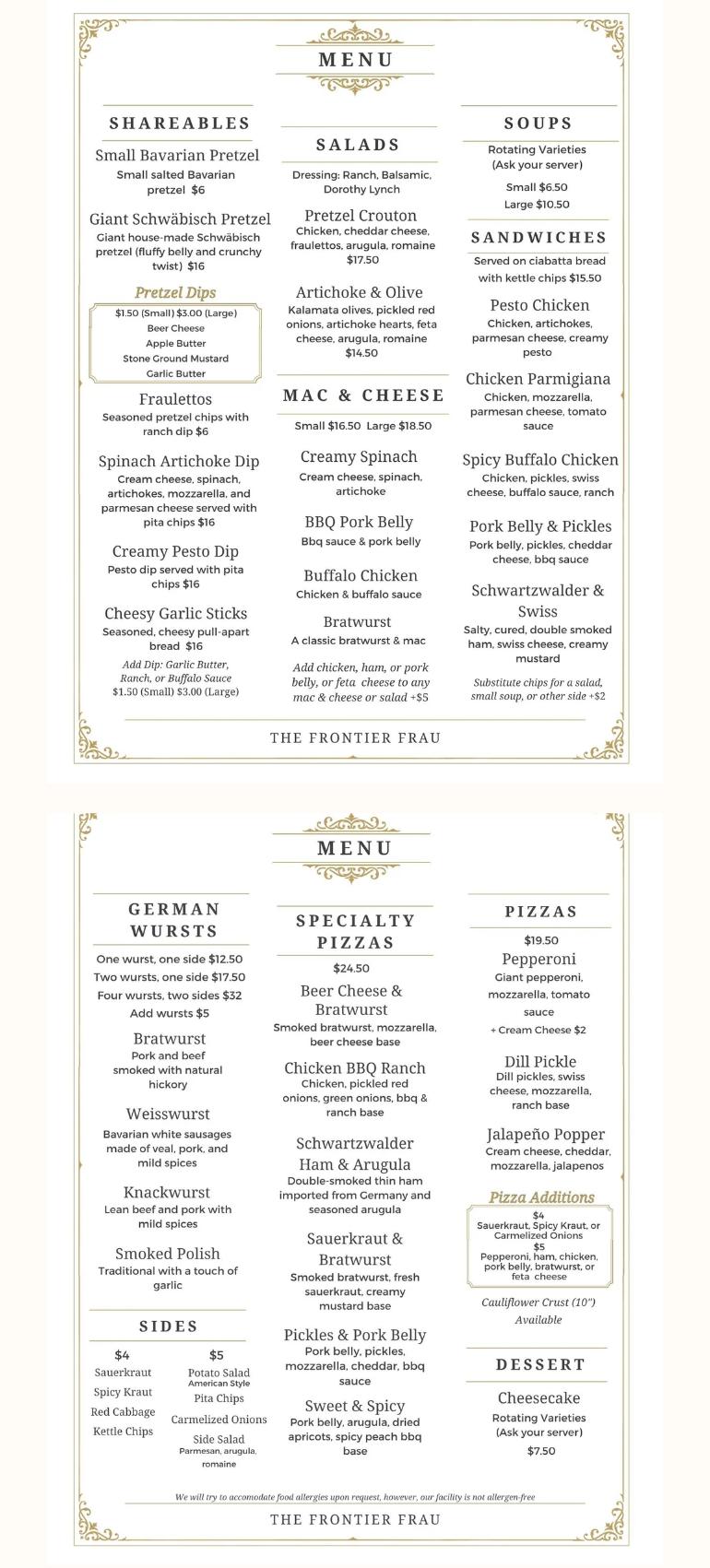 The Frontier Frau Menu