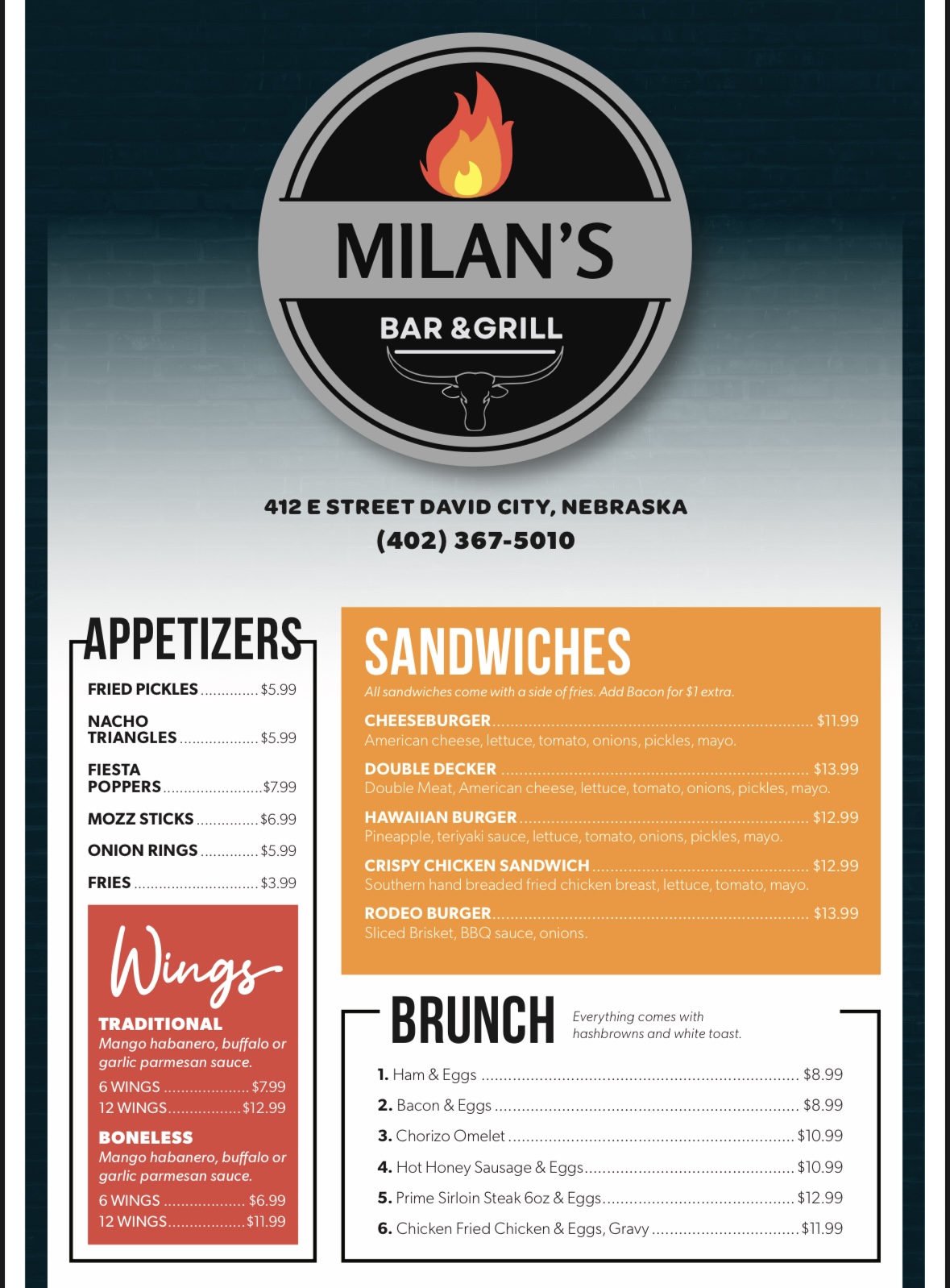Milan's Bar & Grill Menu