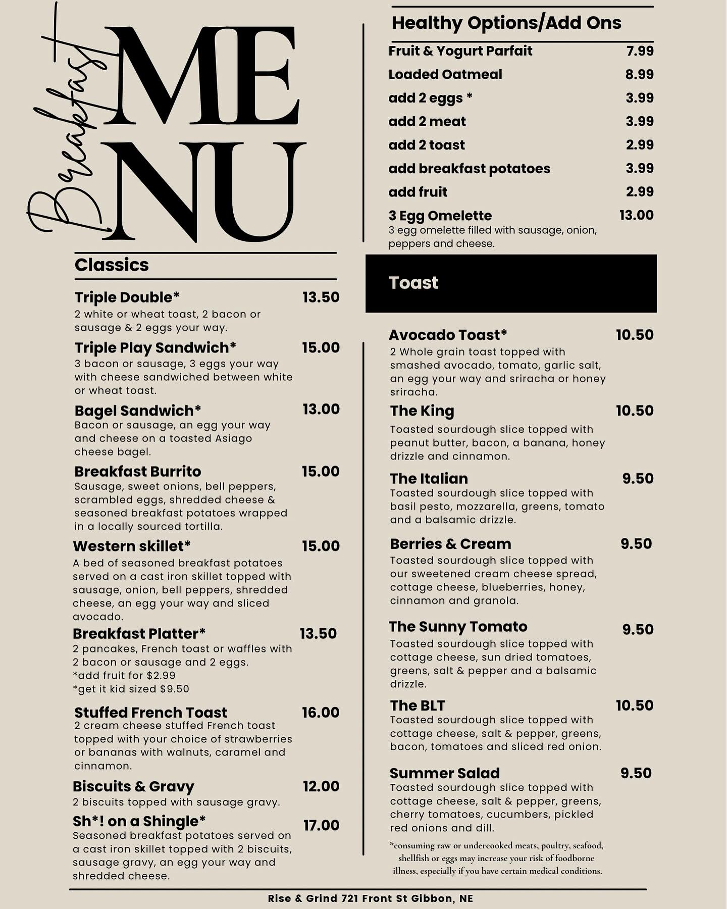 Rise & Grind Menu