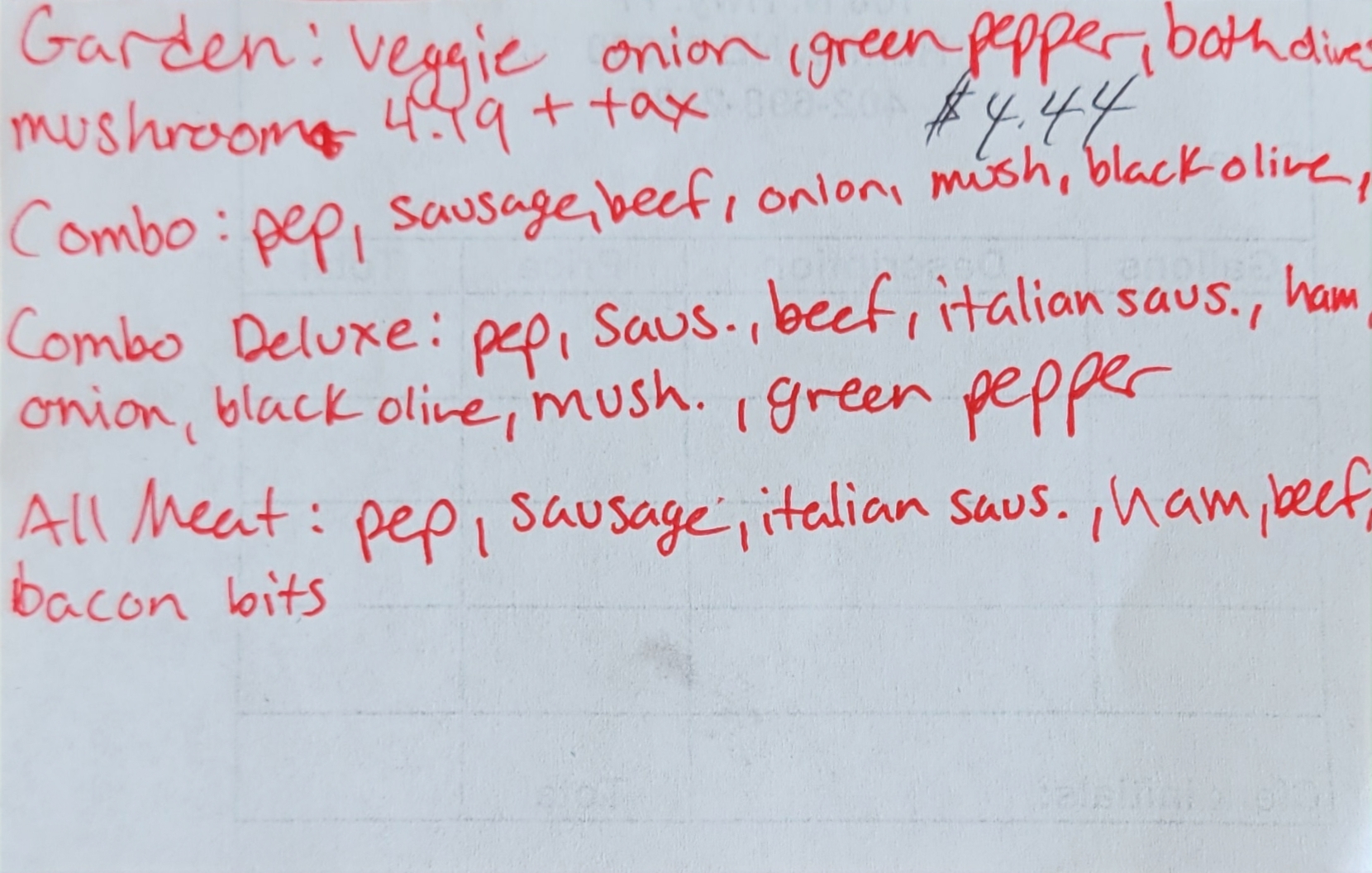 Piccadilly Circus Pizza Menu