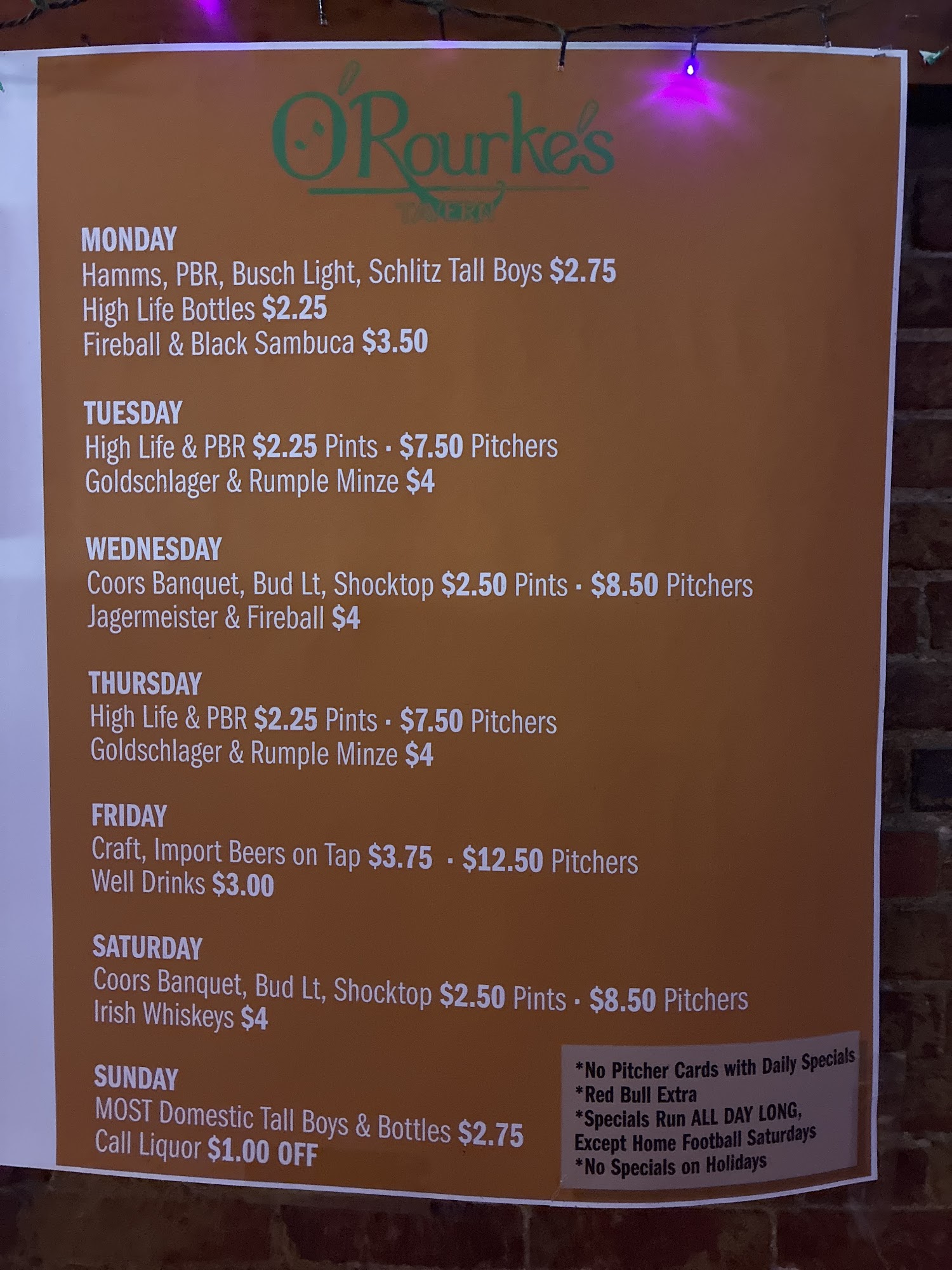 O’Rourke’s Tavern Menu