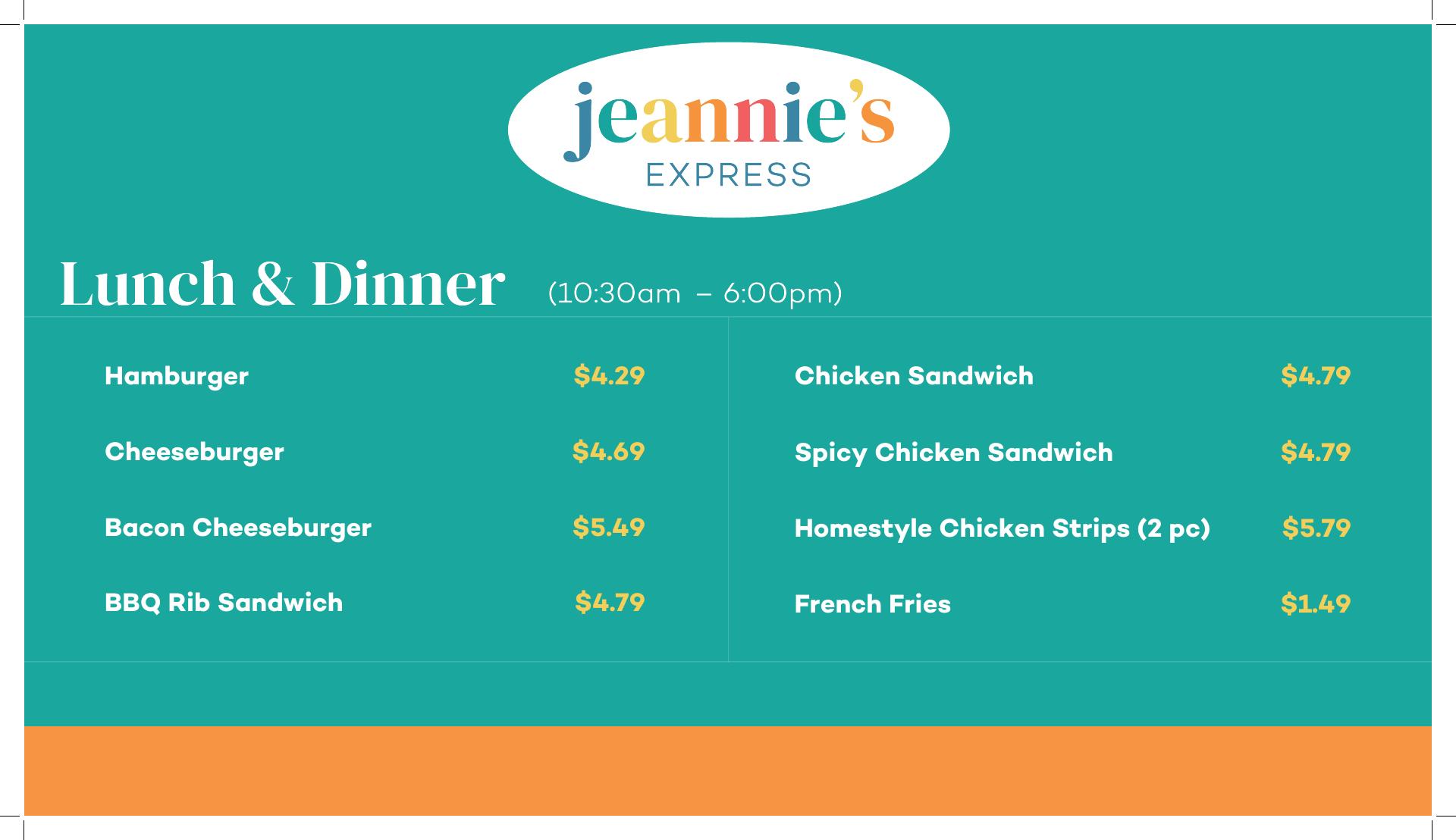 Jeannie's Express Menu