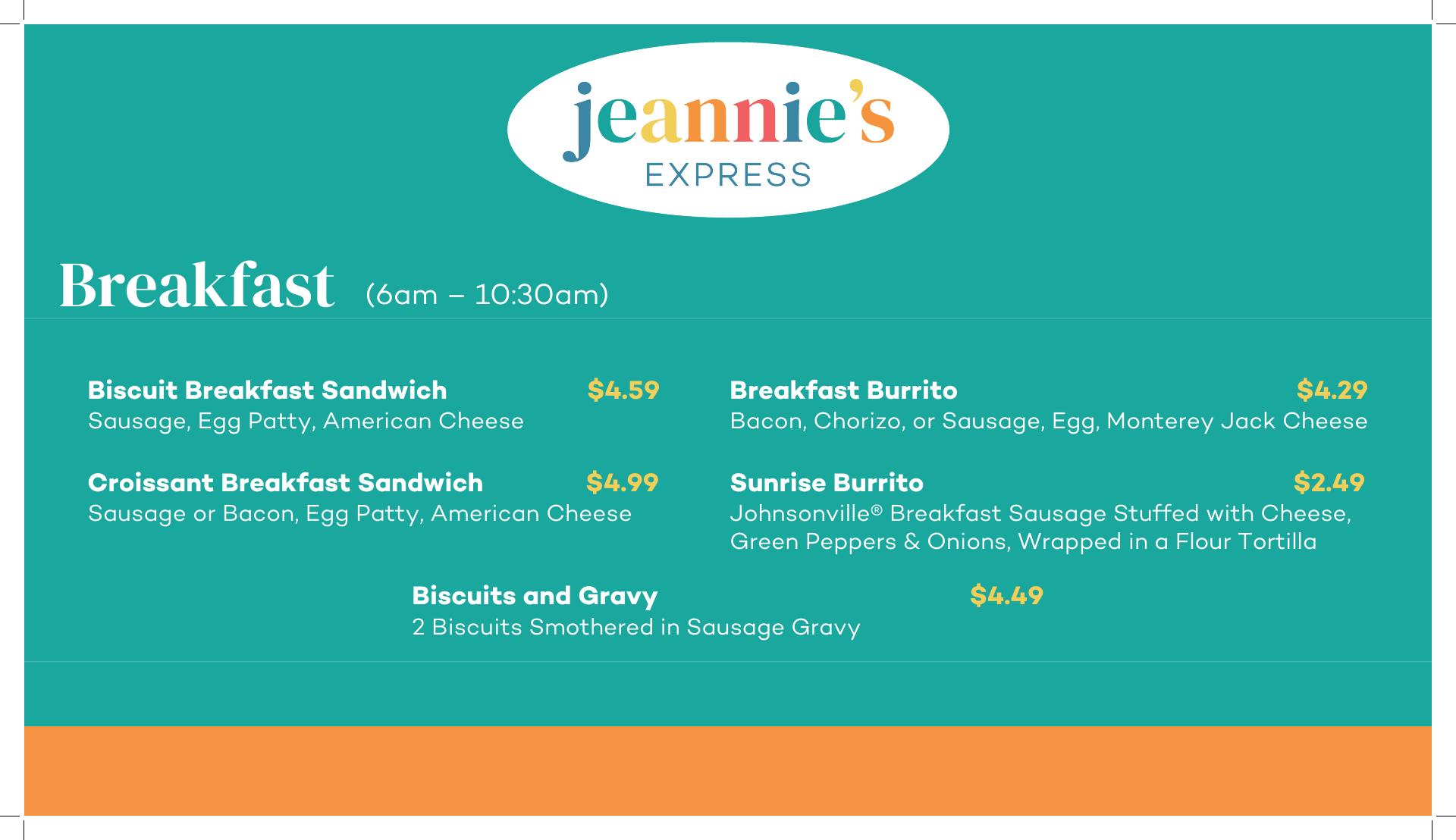 Jeannie's Express Menu