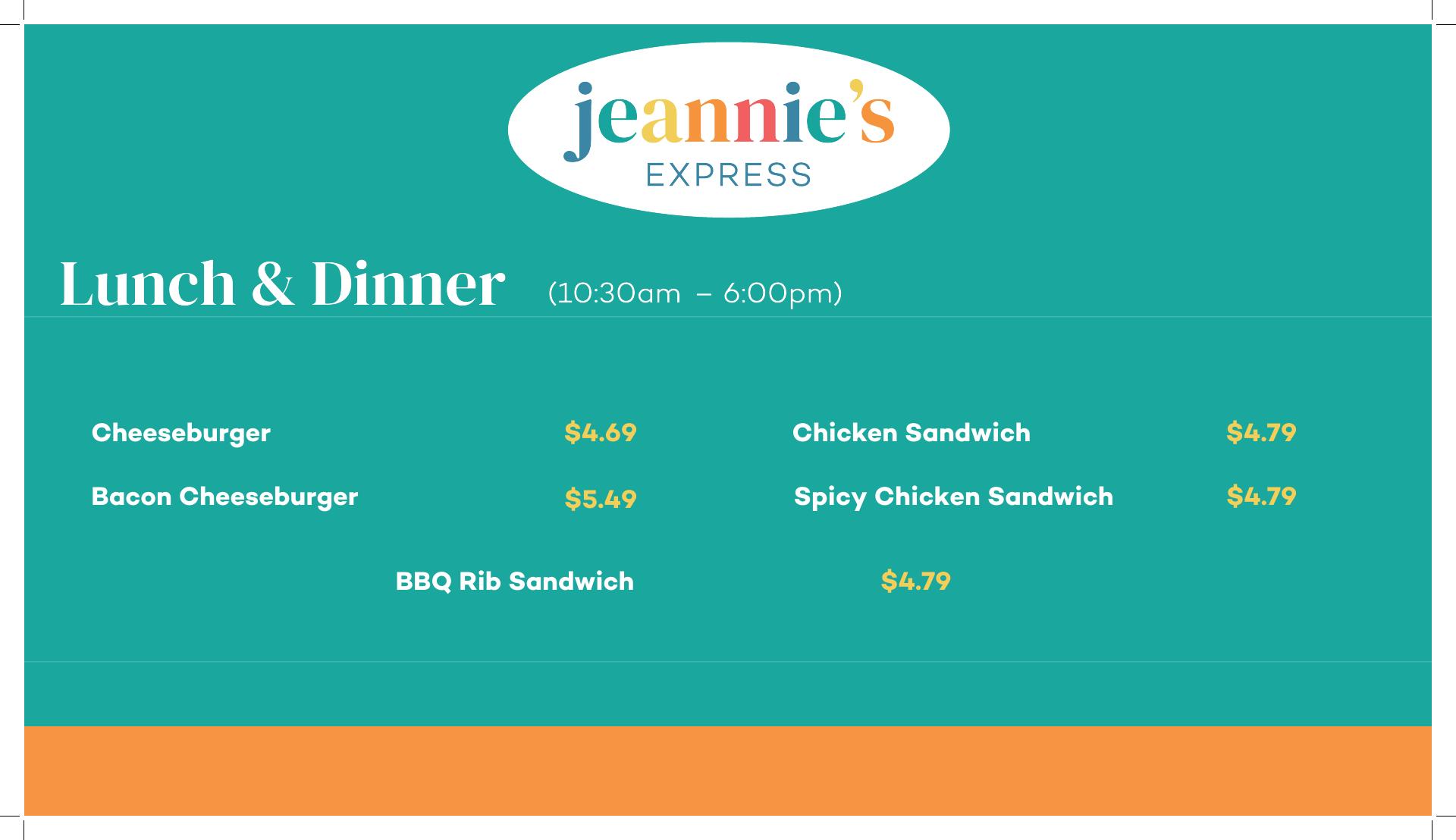 Jeannie's Express Menu