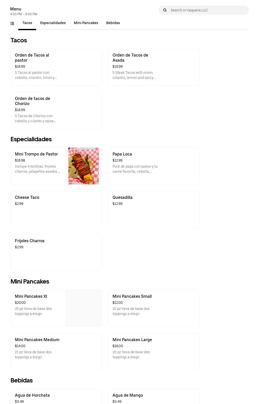 Vaqueva Food Truck Menu