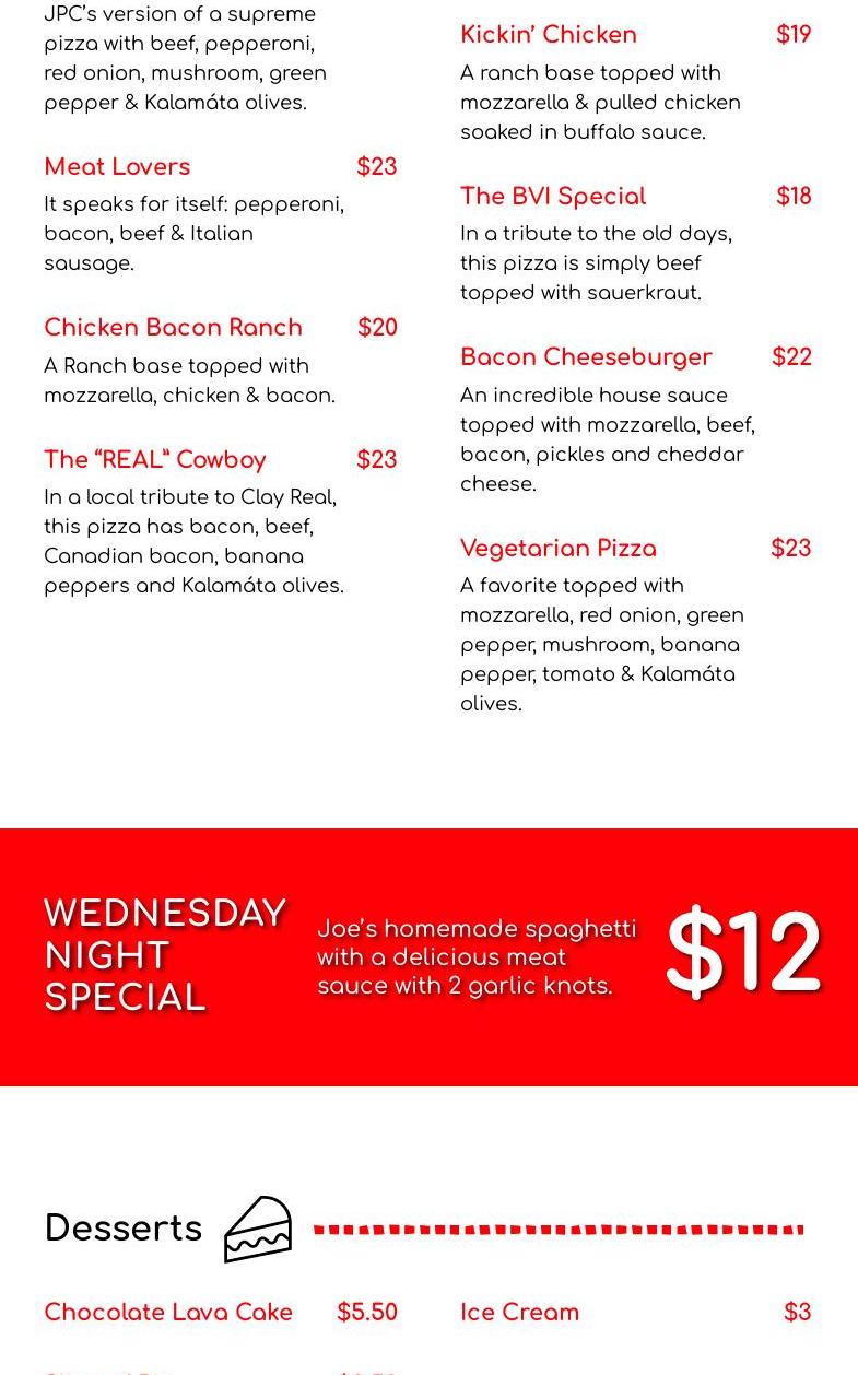 Junction Pizza Company Menu