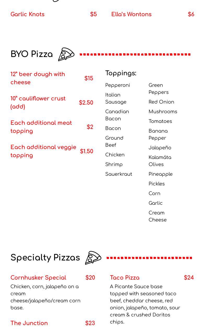 Junction Pizza Company Menu