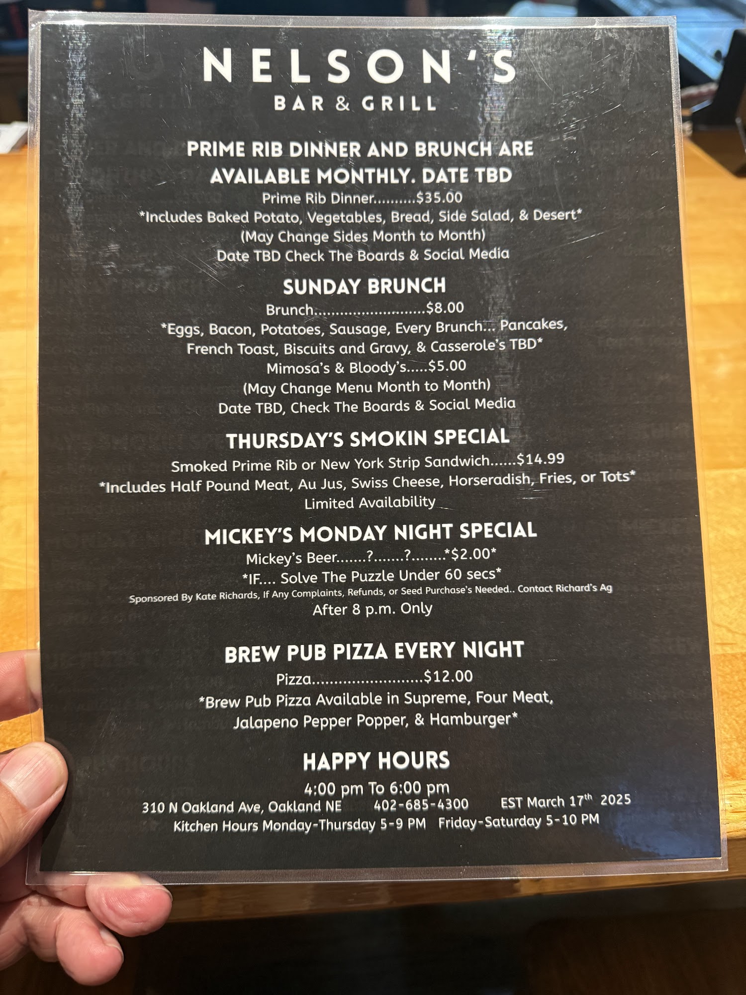 Nelson’s Bar & Grill Menu