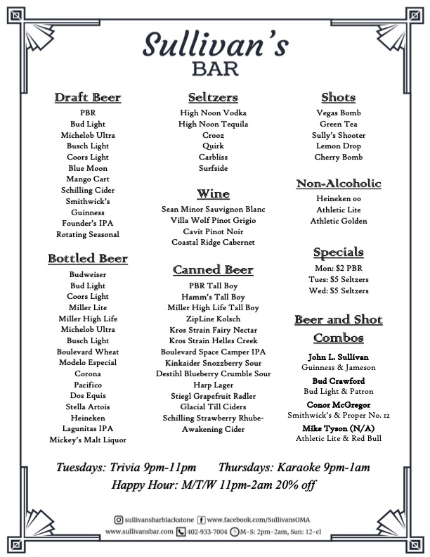 Sullivan's Bar Menu