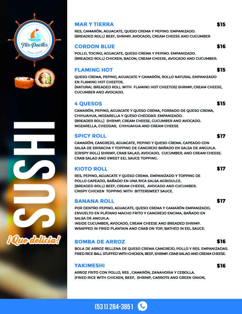 Tres Puertos Food Truck Menu