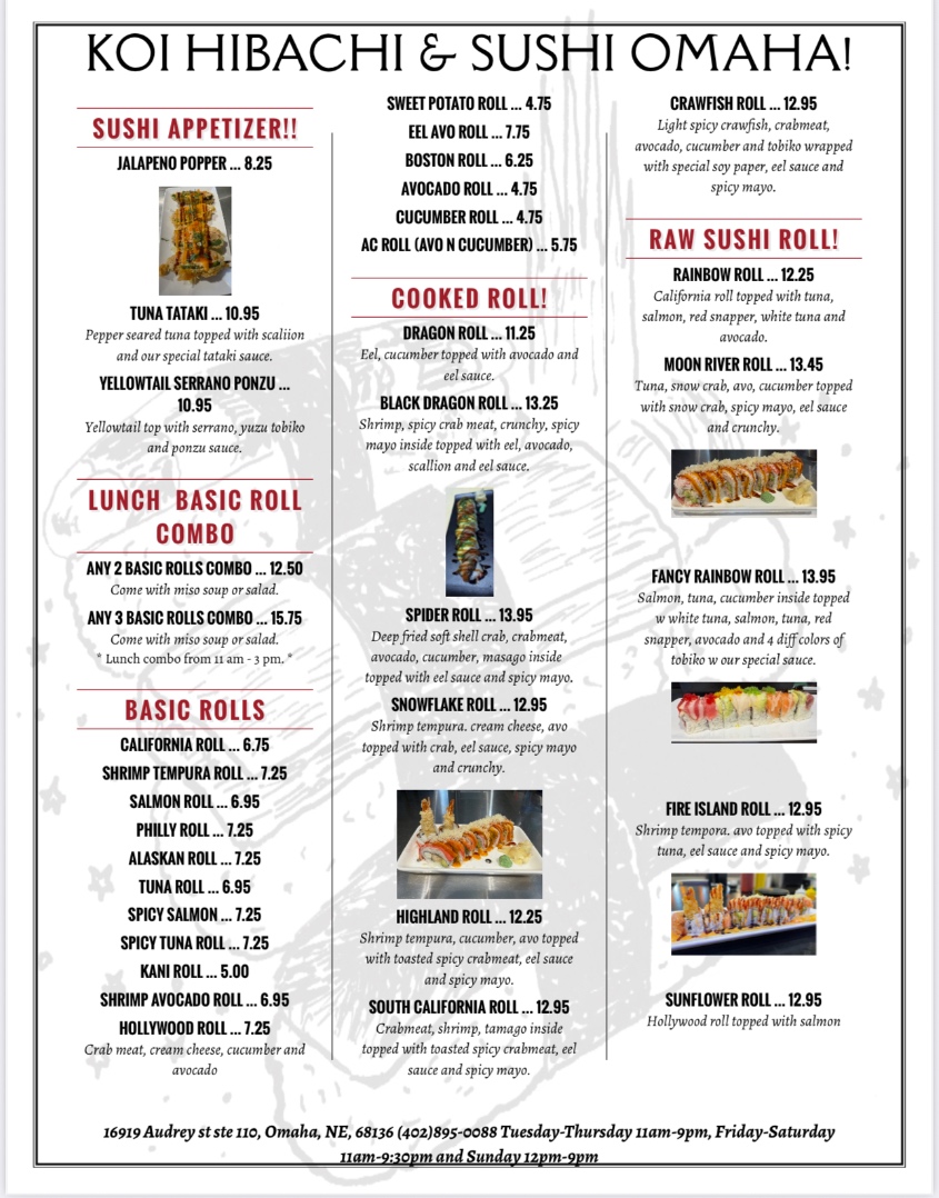 Koi Sushi and Hibachi in Omaha Menu