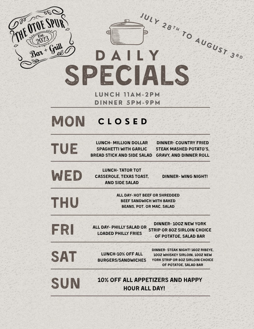 The Otoe Spur Bar & Grill Menu