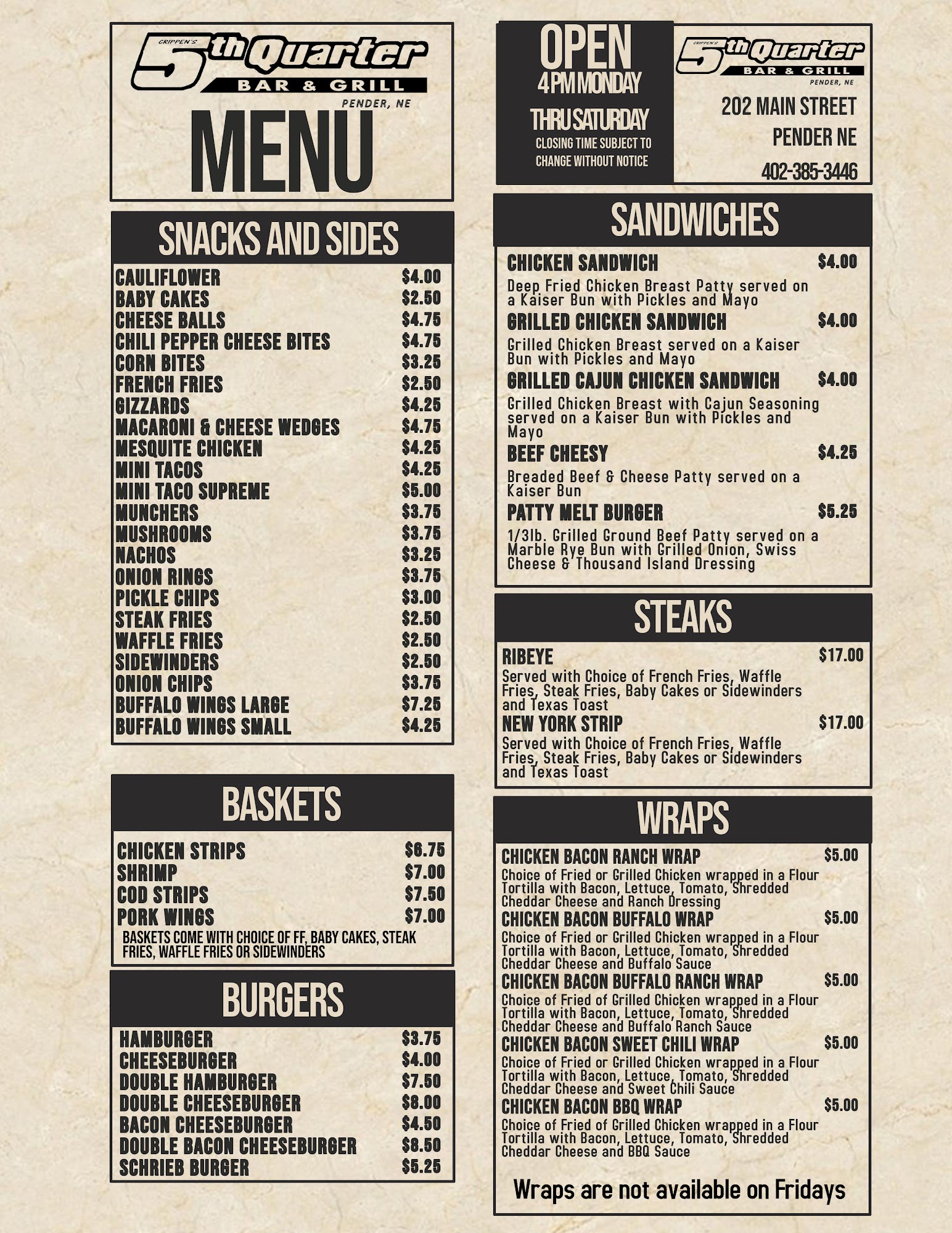 Crippen's 5th Quarter Bar & Grill Menu