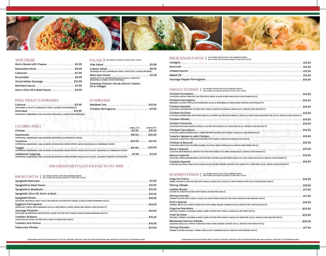 Calabria Italian Restaurant Menu