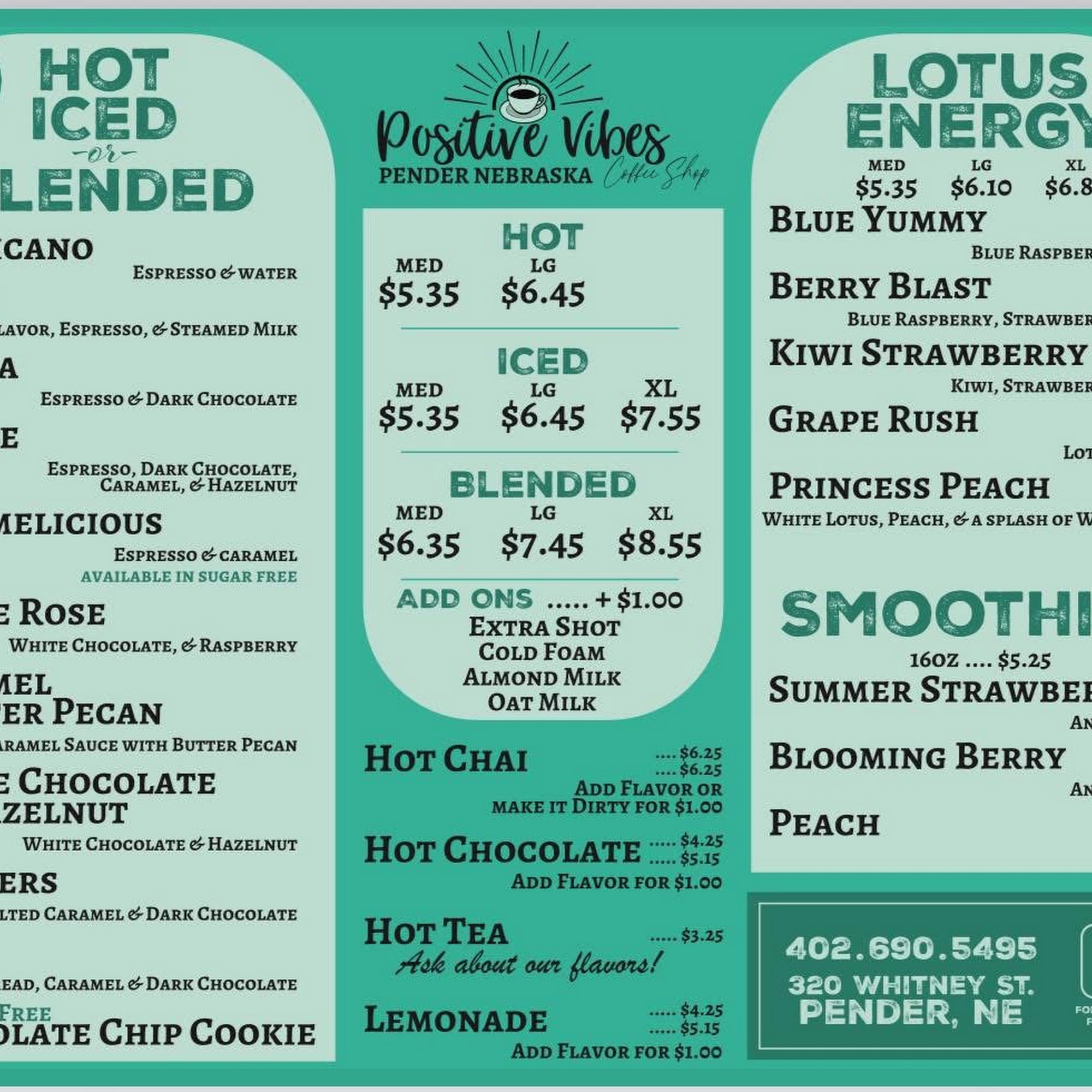 Positive Vibes Coffee Shop, Wisner Menu