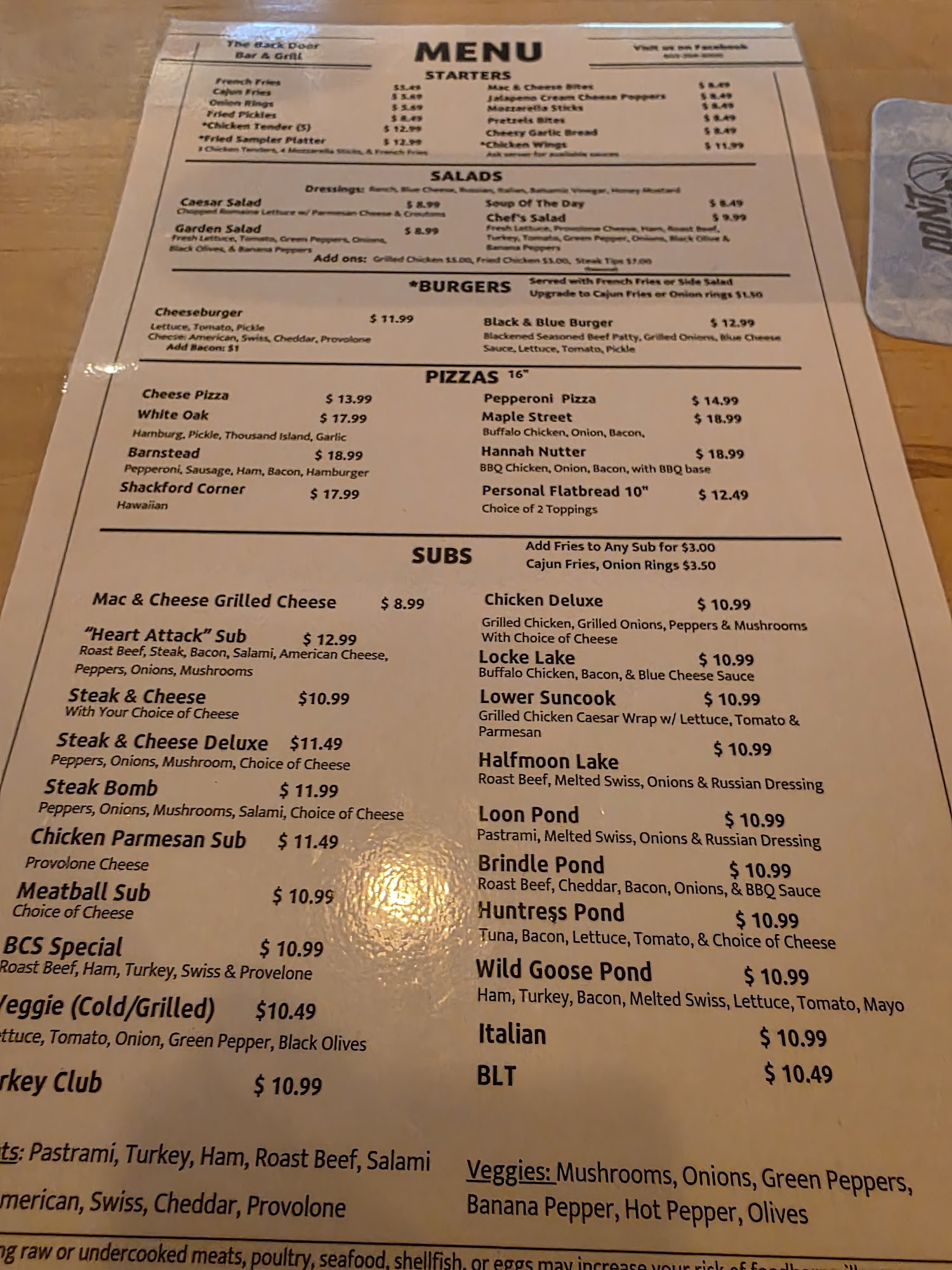 The Back Door Grill Menu