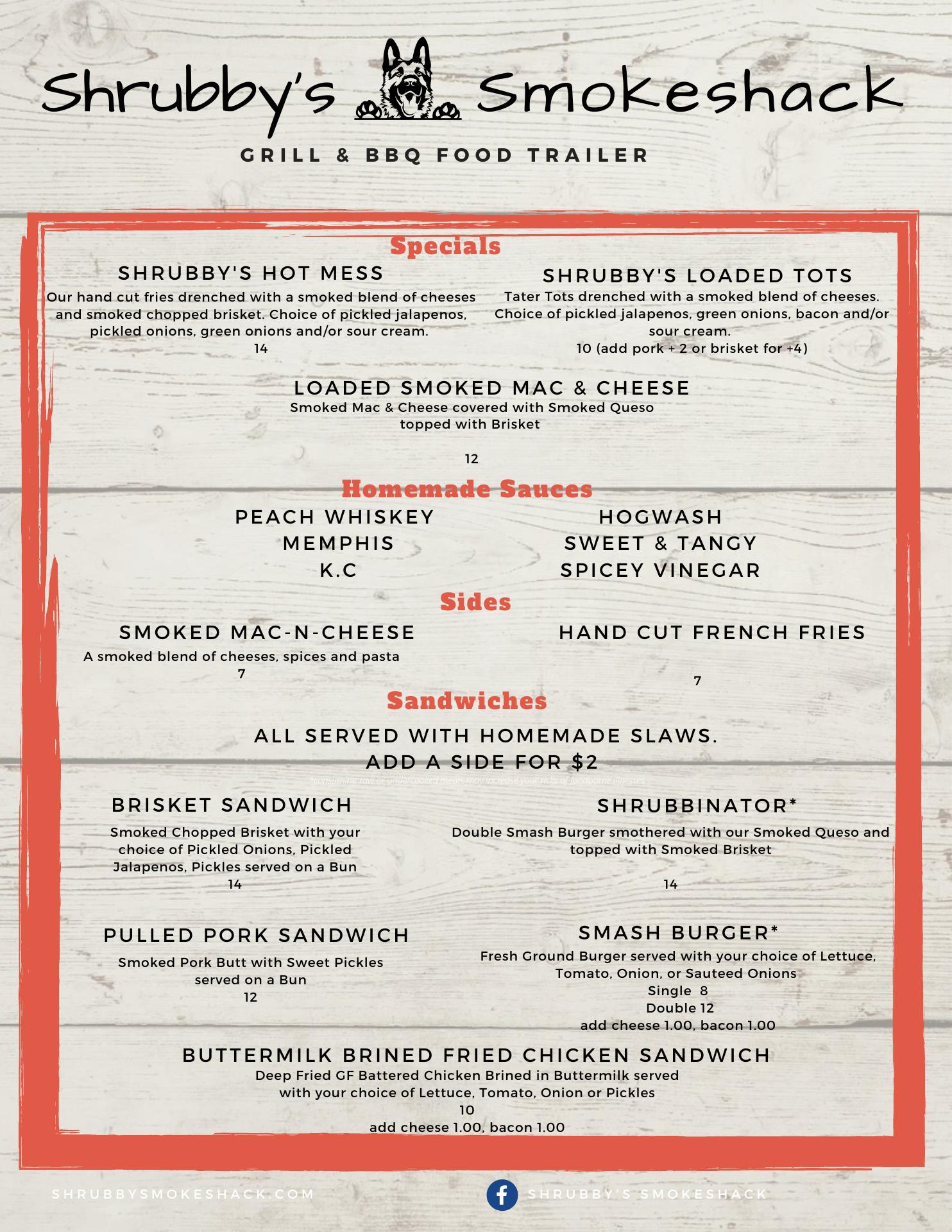 Shrubby's Smokeshack LLC Menu