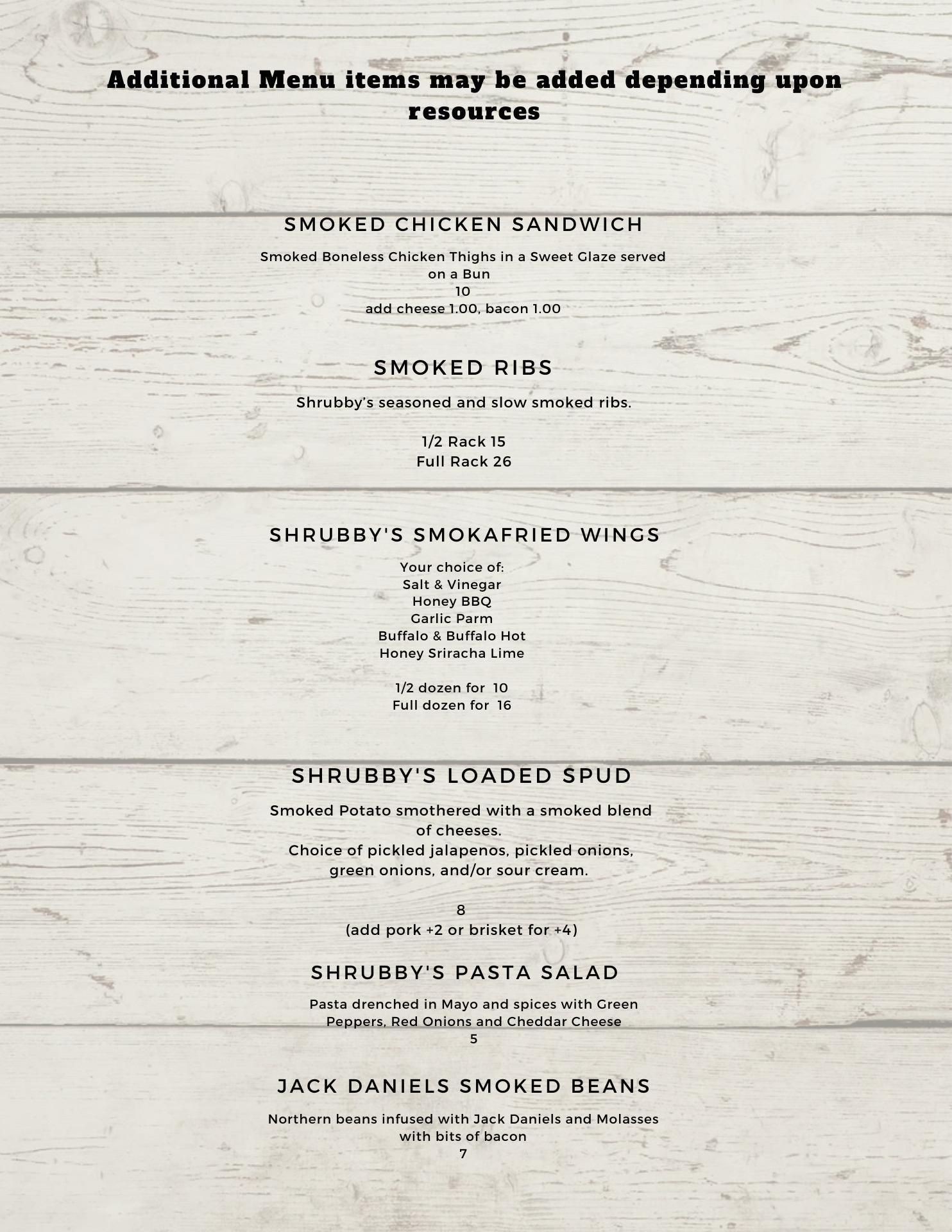Shrubby's Smokeshack LLC Menu