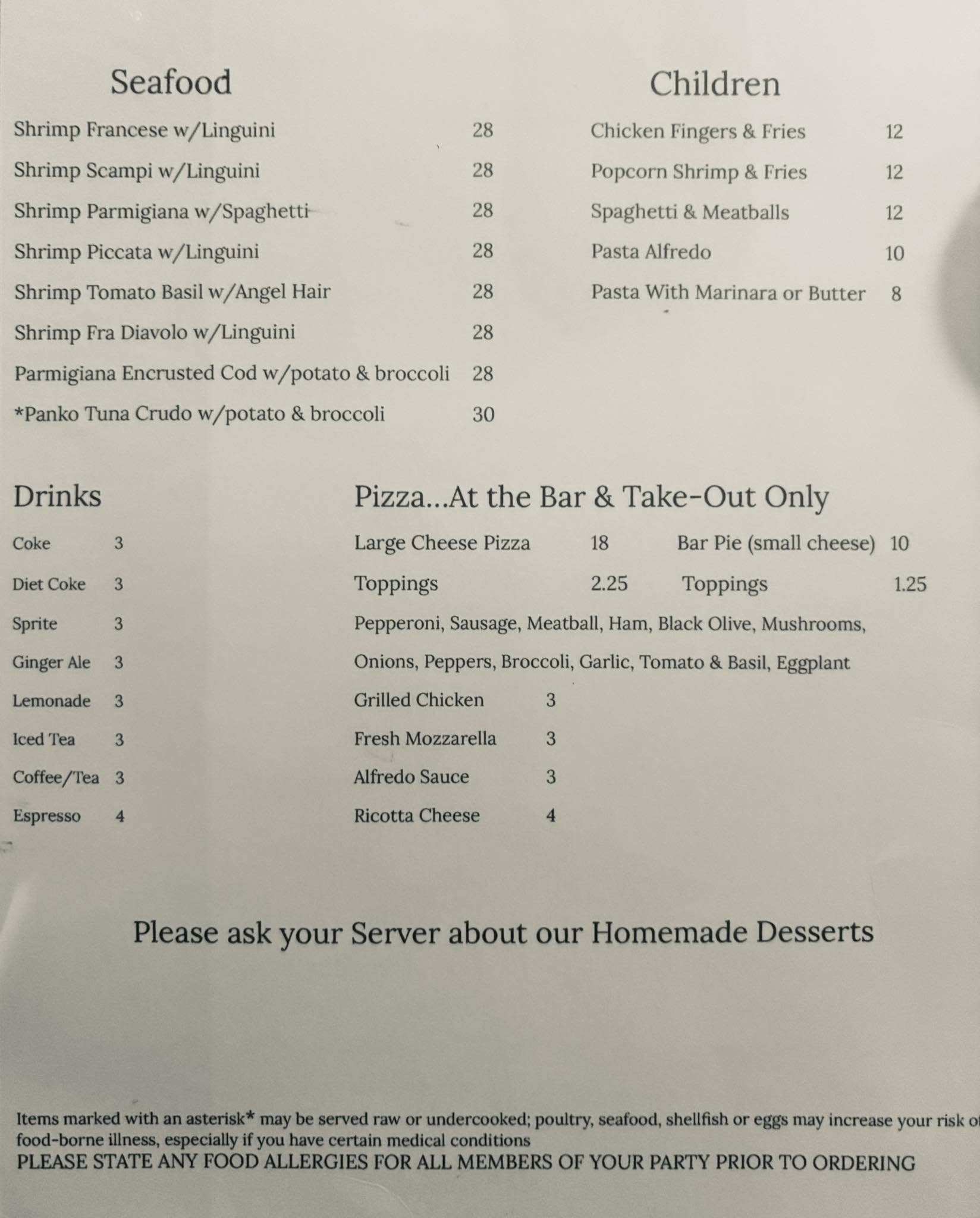 Diomede’s Restaurant Menu