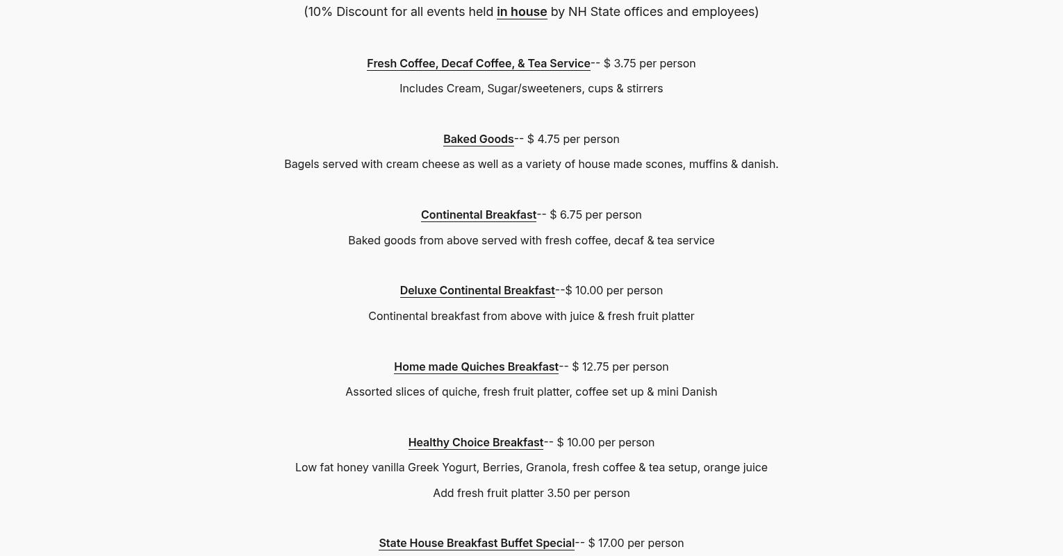 State House Cafeteria Menu
