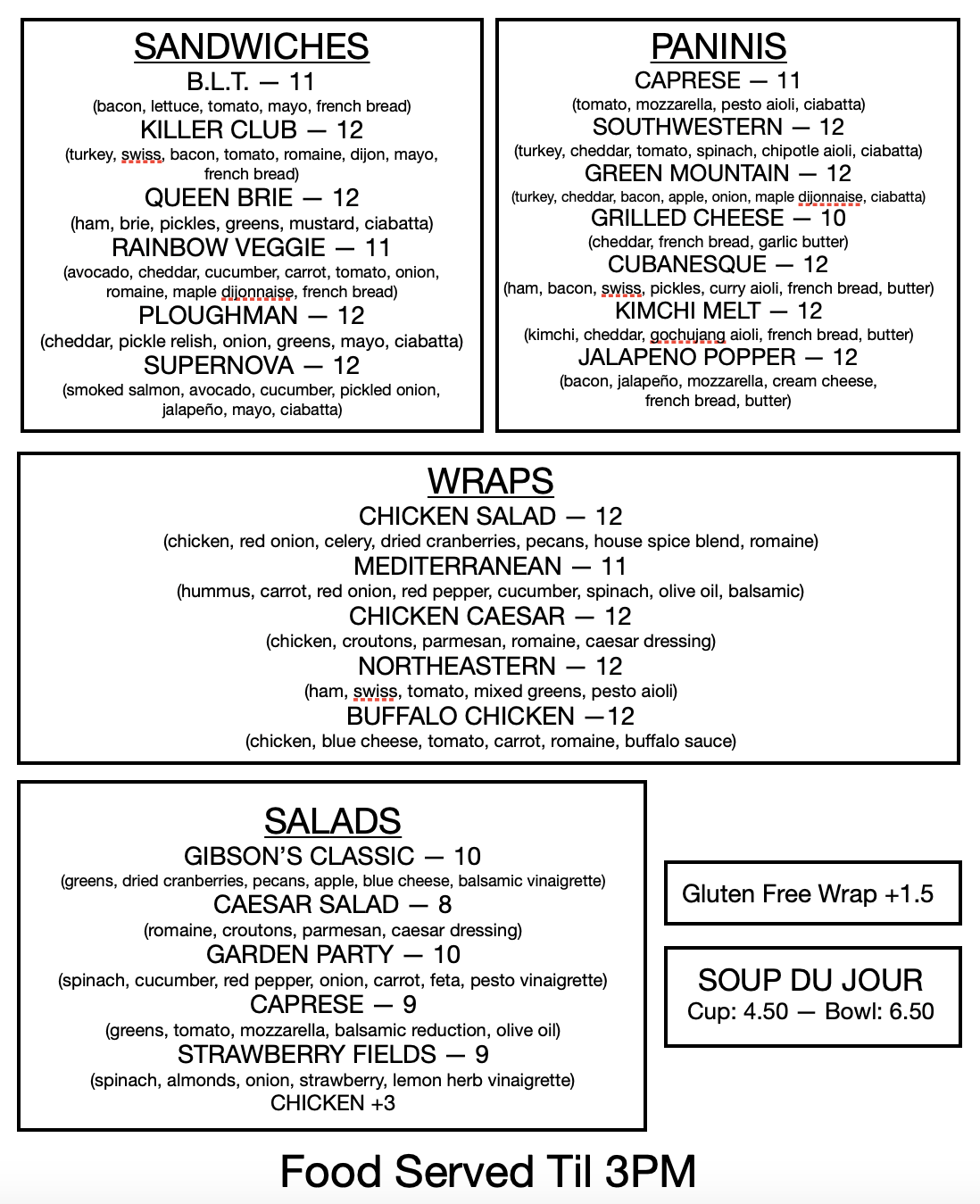 Gibson's Cafe, LLC Menu
