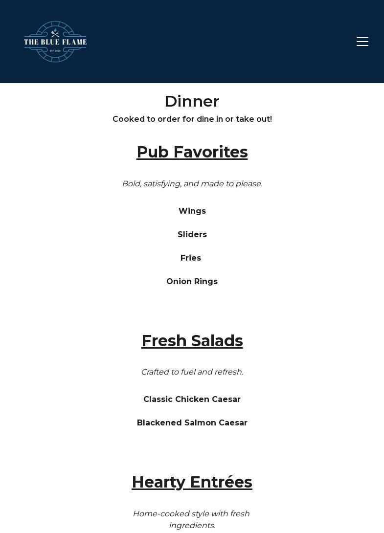 The Blue Flame Restaurant and Entertainment Menu