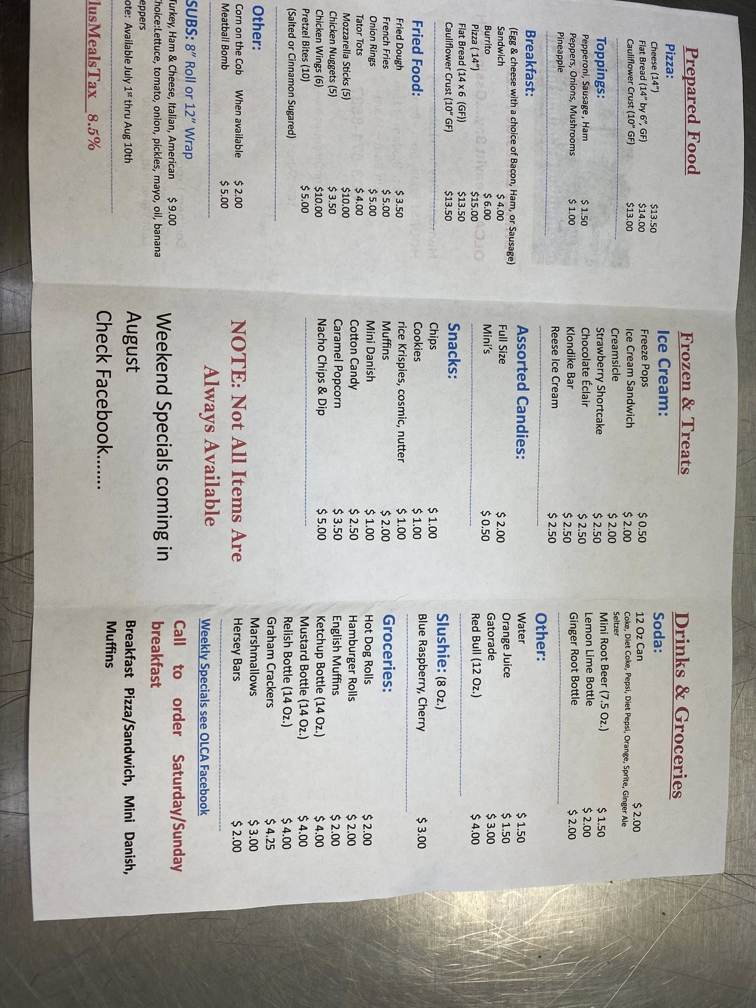 Darling Lakeside Pizza Menu