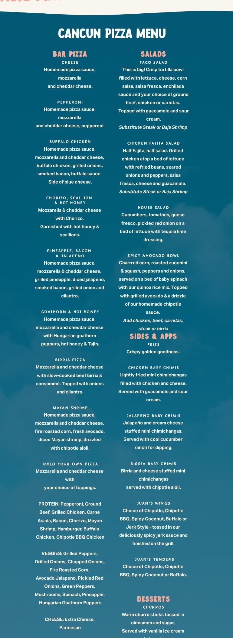 Cancun Pizza Menu