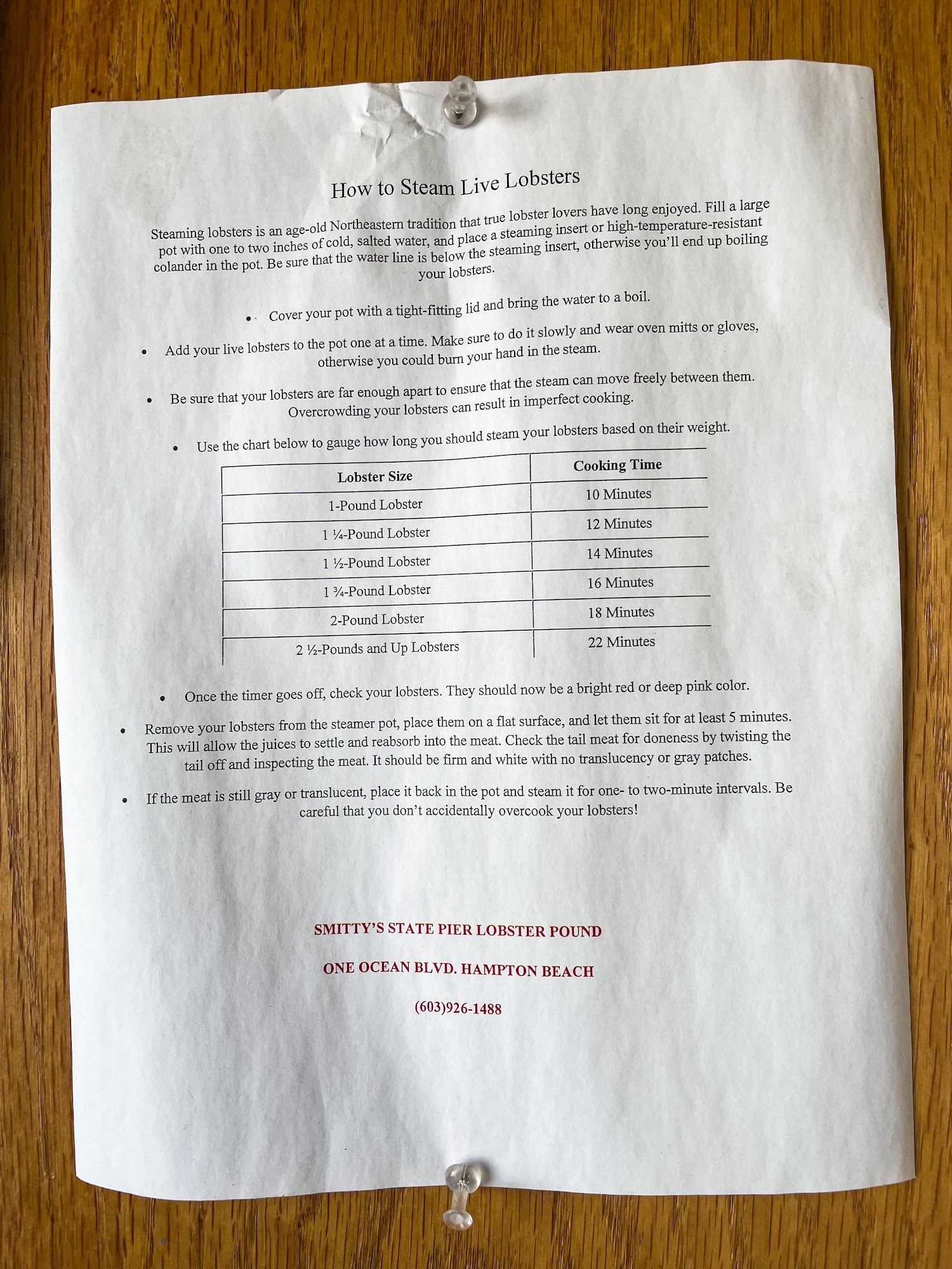 Smitty's State Pier Lobster Pound Menu