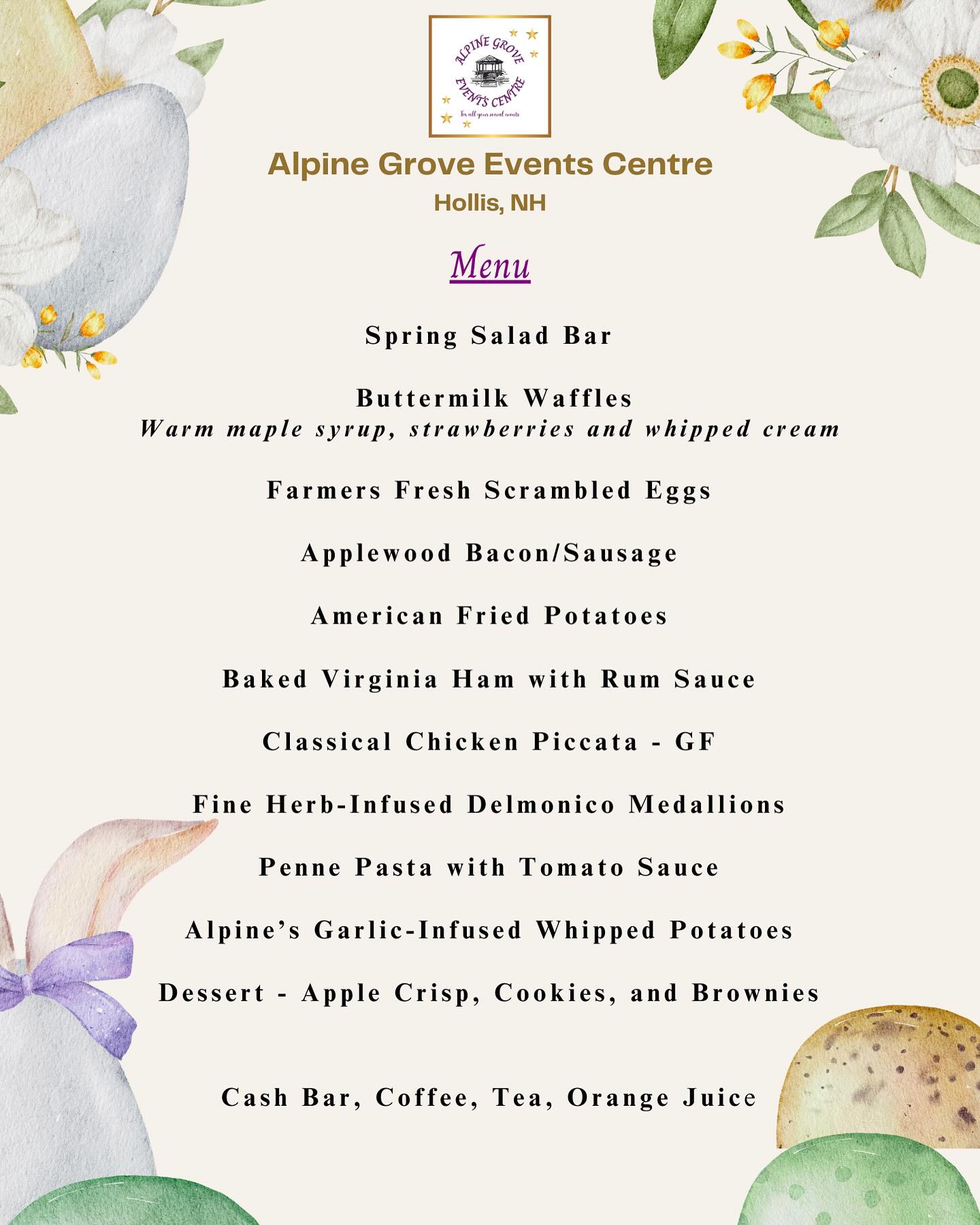 Alpine Grove Events Centre Menu