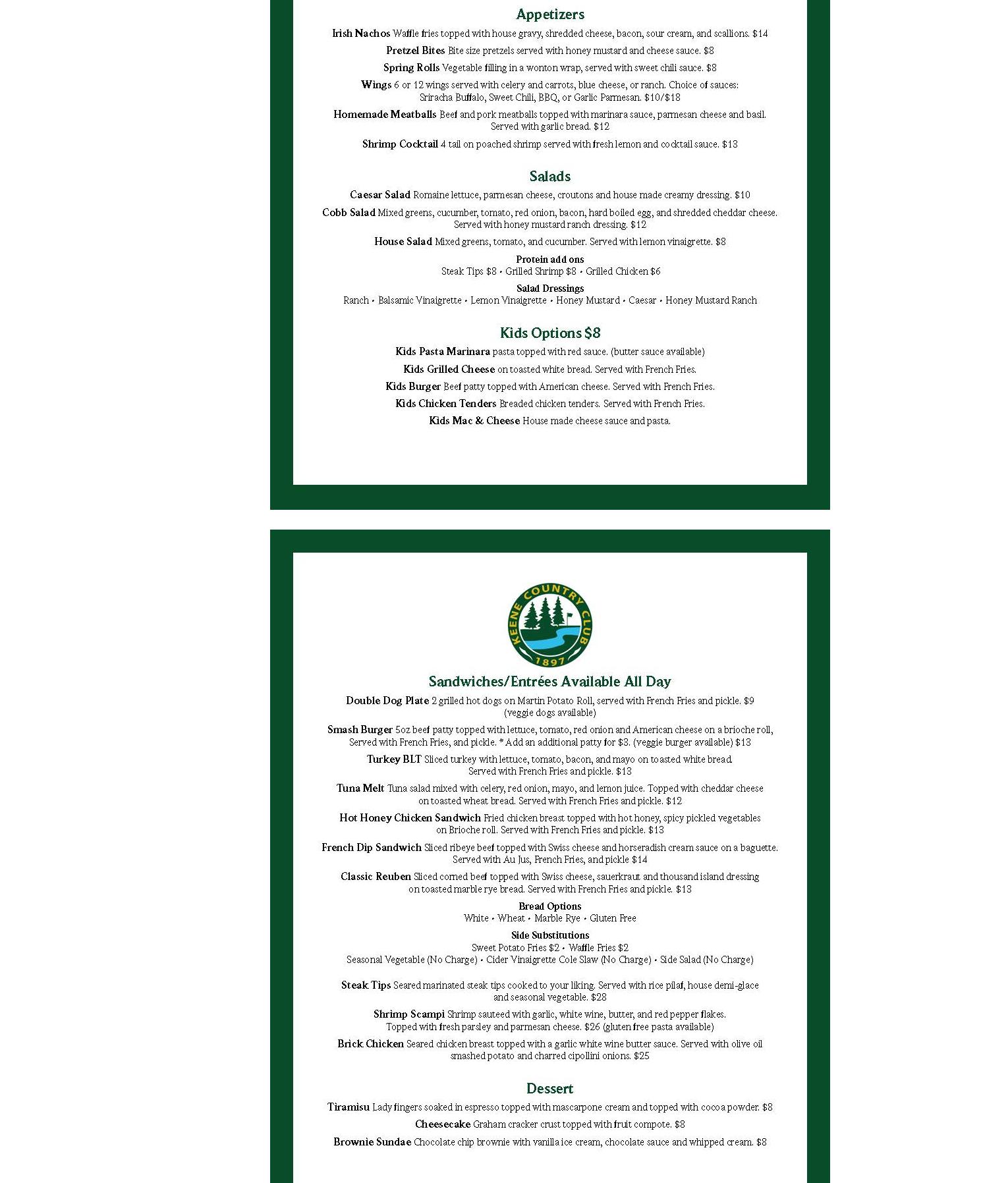Keene Country Club Menu