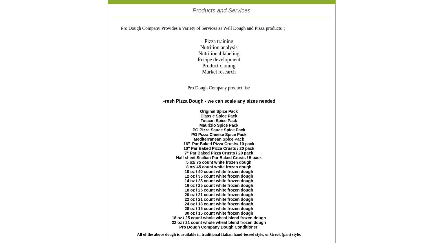 Pro-Dough Corporation Menu