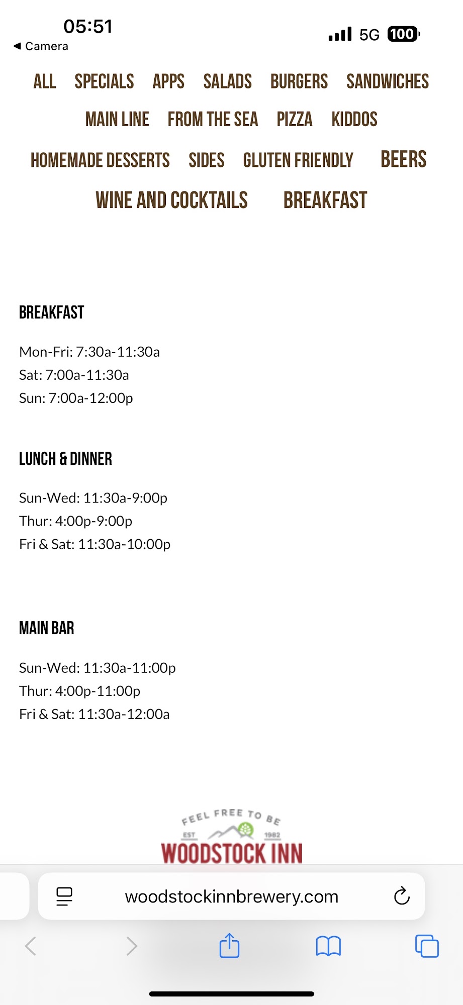 Woodstock Inn Outside Eating Area Menu