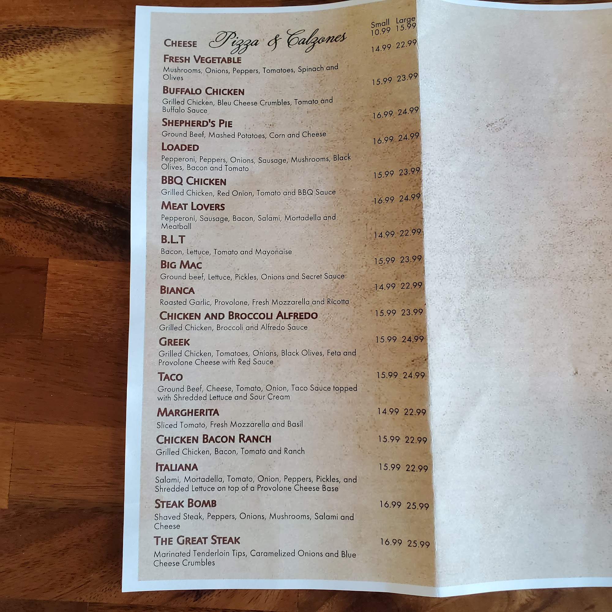 Old Rail Pizza Menu