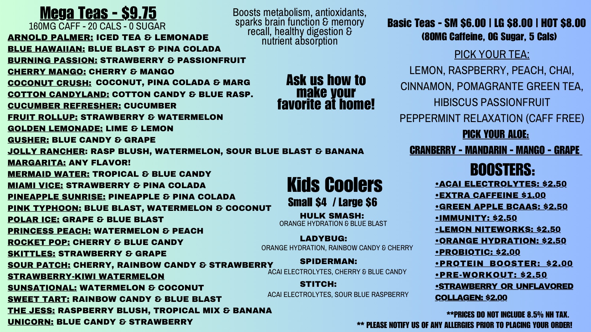 Revitalize Nutrition Menu