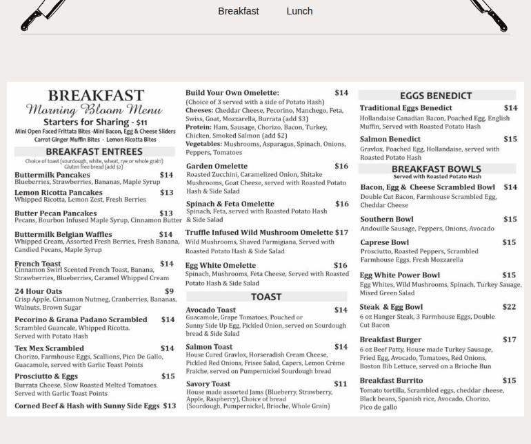 Morning Bloom Breakfast and Lunch Menu