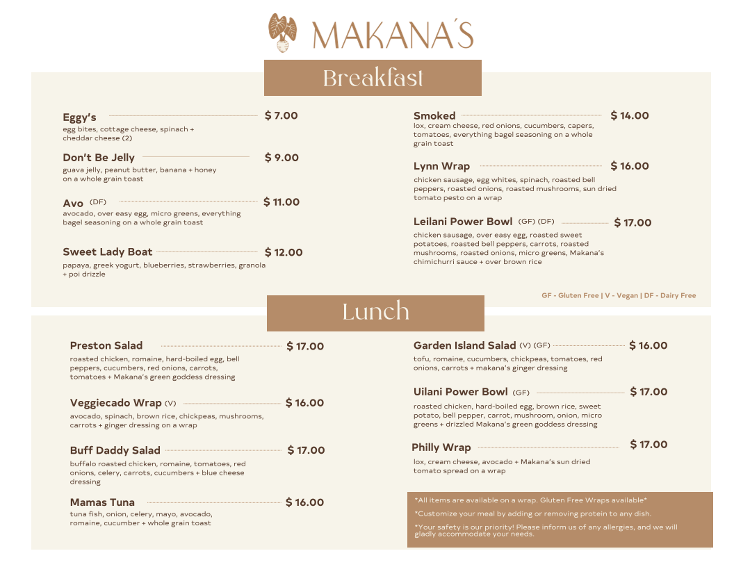 Makana's Eatery Menu