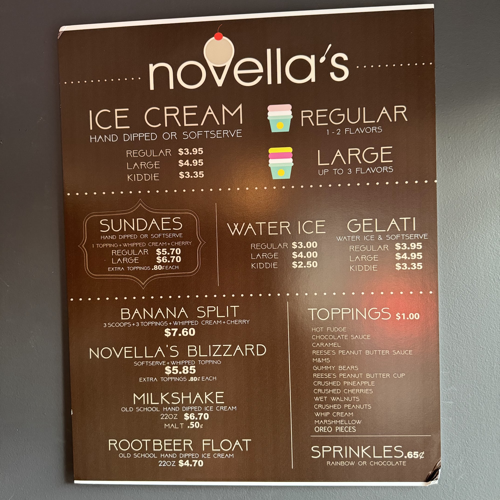 Novellas Creamery Menu