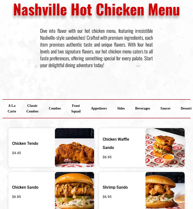 Nashville Hot Chicken Menu