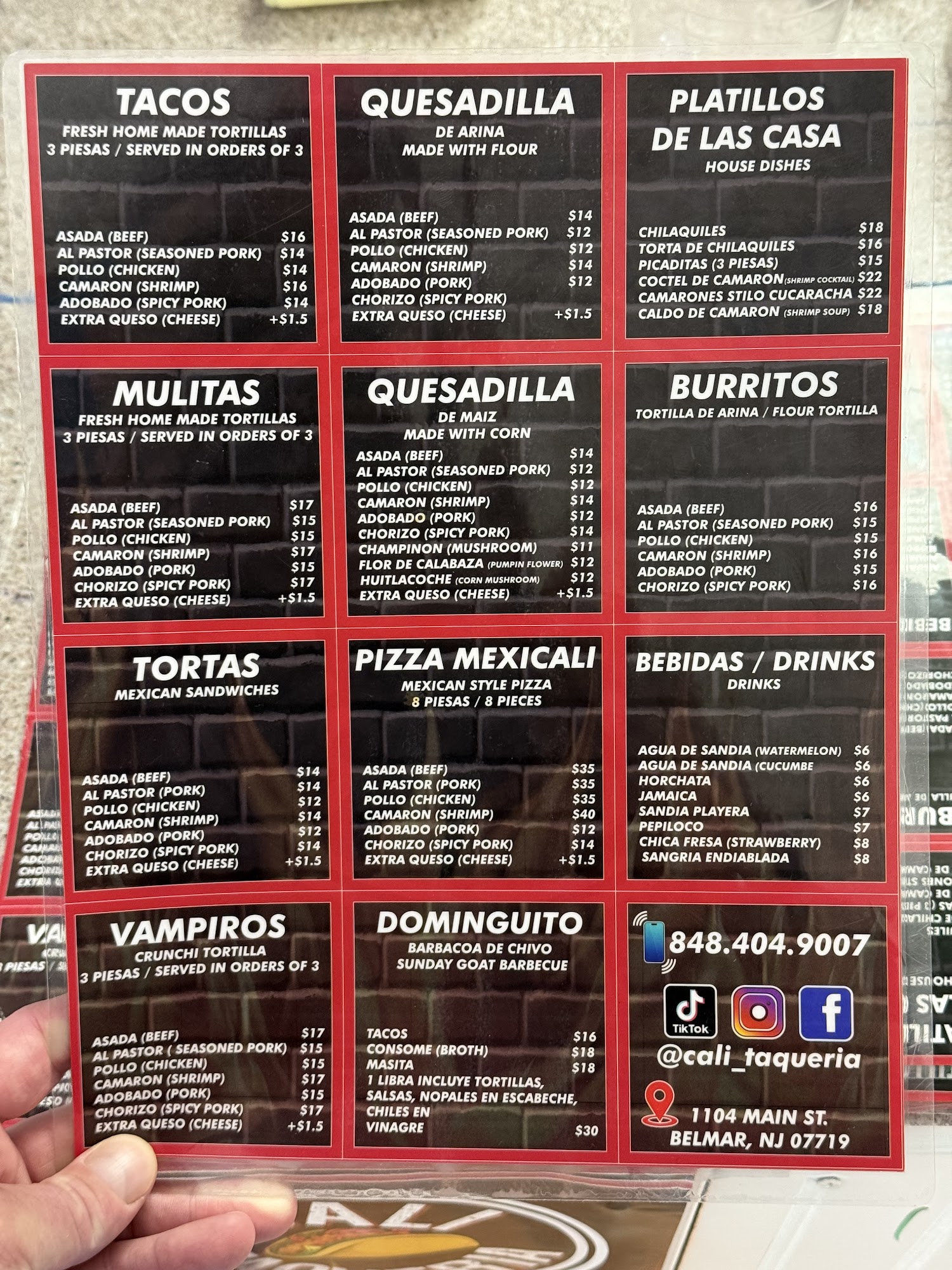 Cali Taqueria Menu