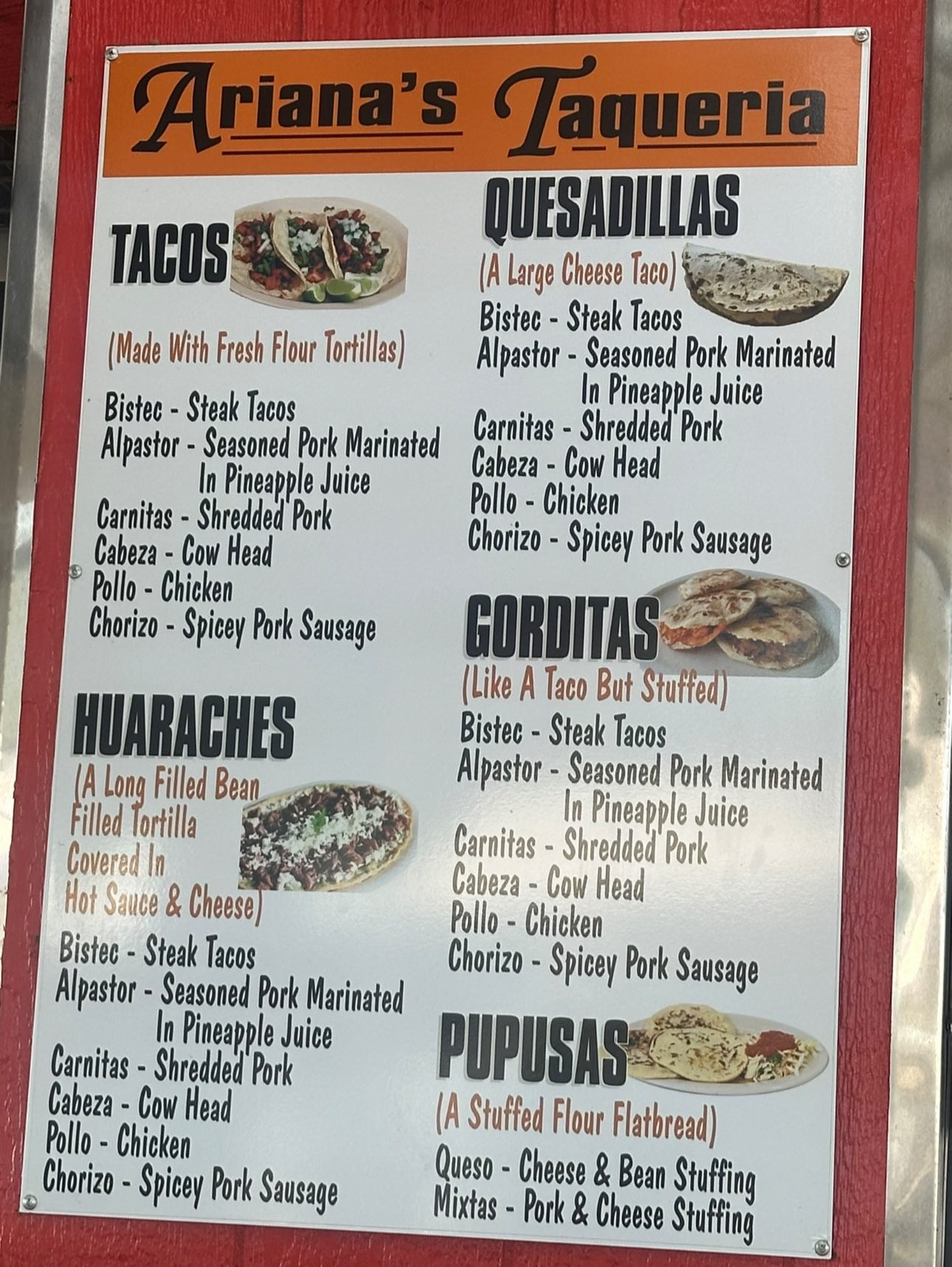 Ariana's Taqueria Menu