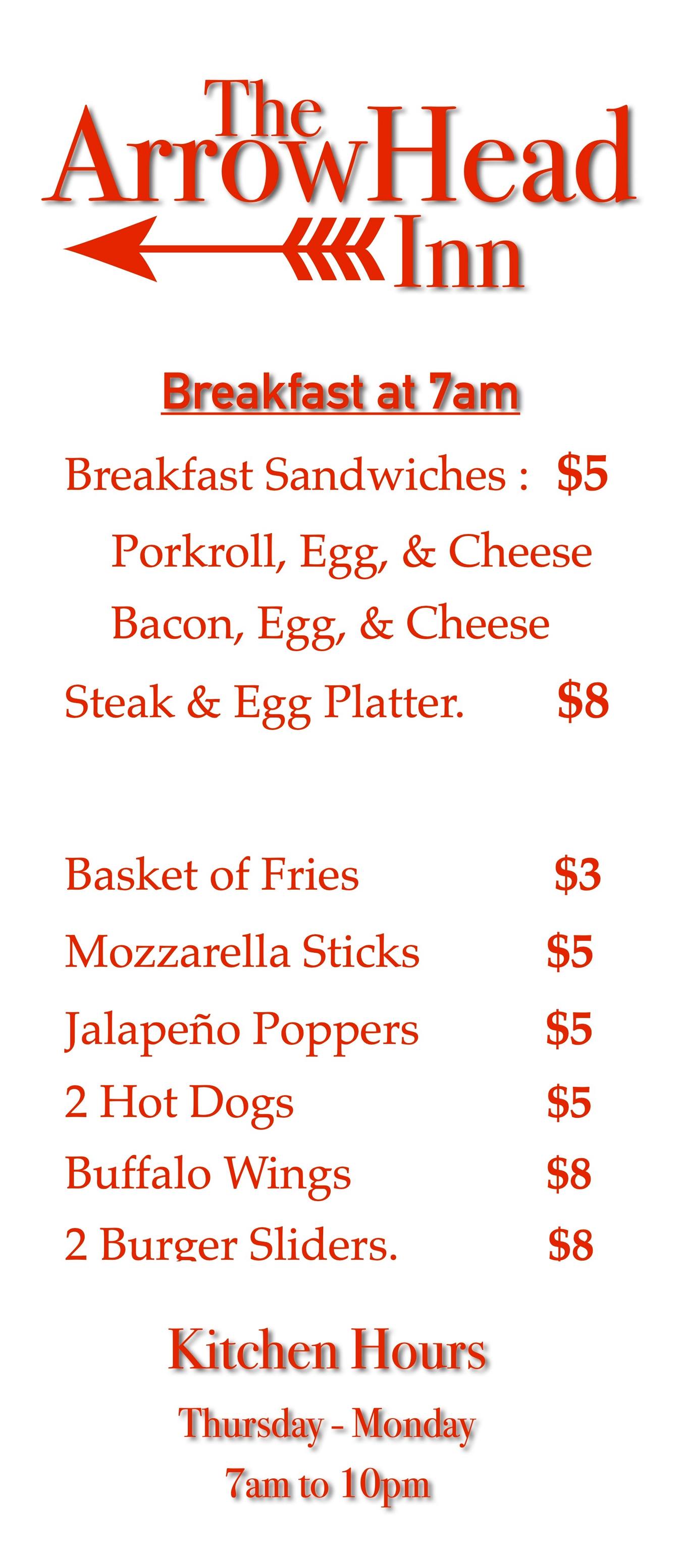 Arrowhead Inn Menu