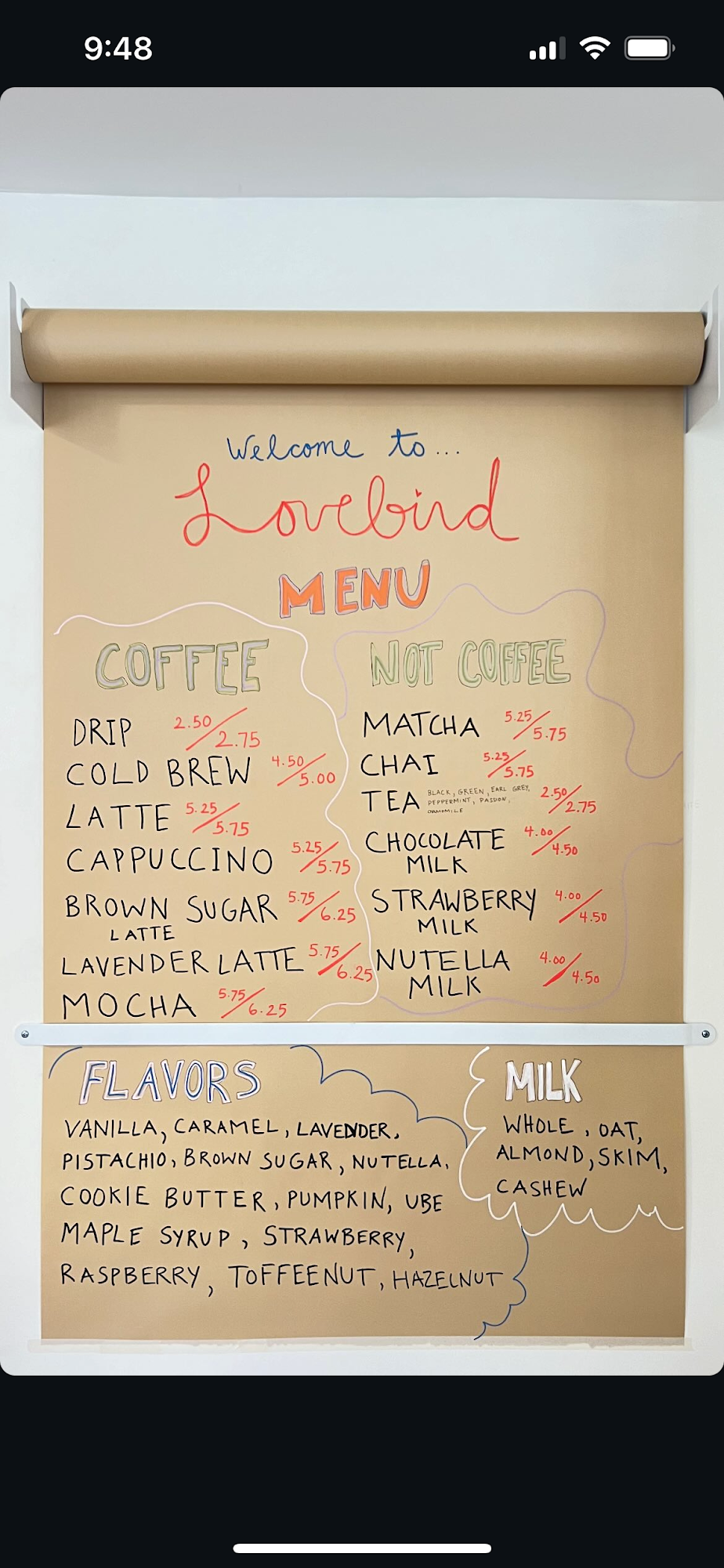 Lovebird Cafe & Market Menu